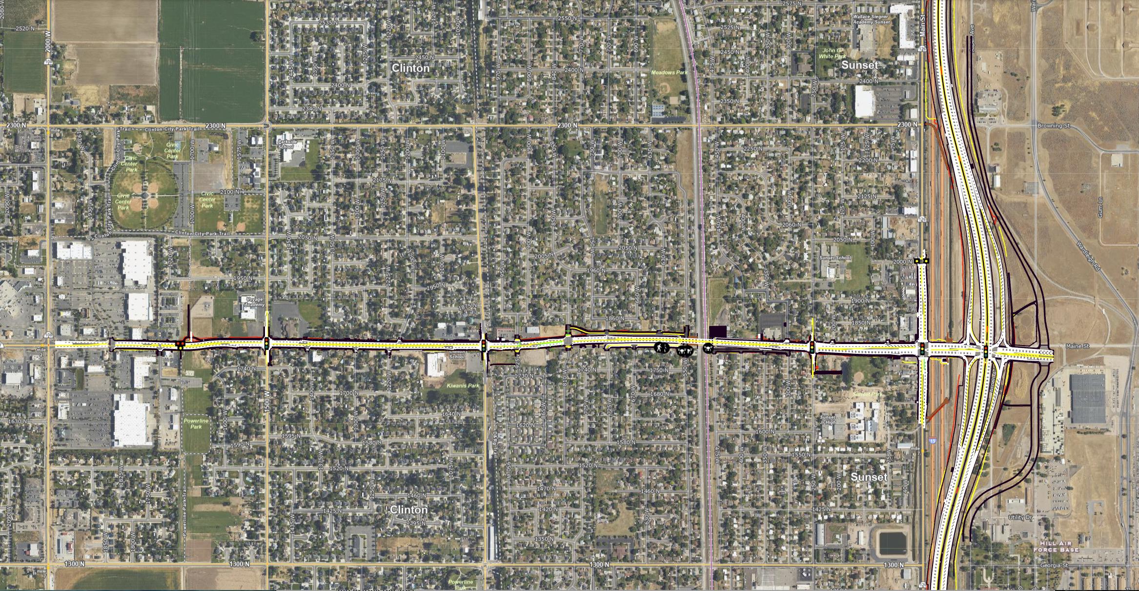 The photo shows the area of focus of ongoing work to upgrade 1800 North in Clinton and Sunset and build a new interchange where the road meets I-15 to the east. A $238 million upgrade of 5600 South and the I-15 interchange in Roy to the north is largely complete.
