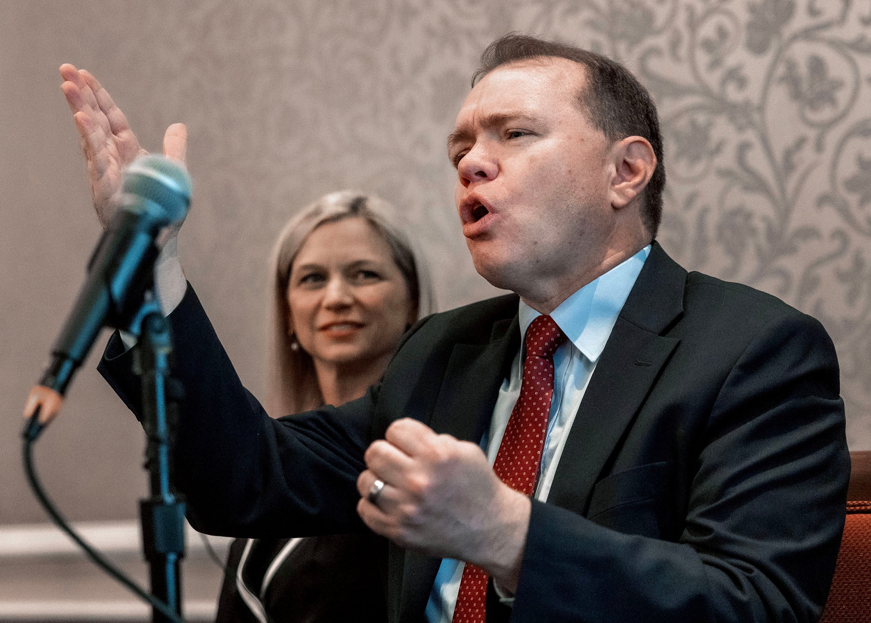 Aaron Nielson speaks at the Alta Club in Salt Lake City on Wednesday. Nielson spoke about the future of the FTC and the risks of expanding presidential powers.