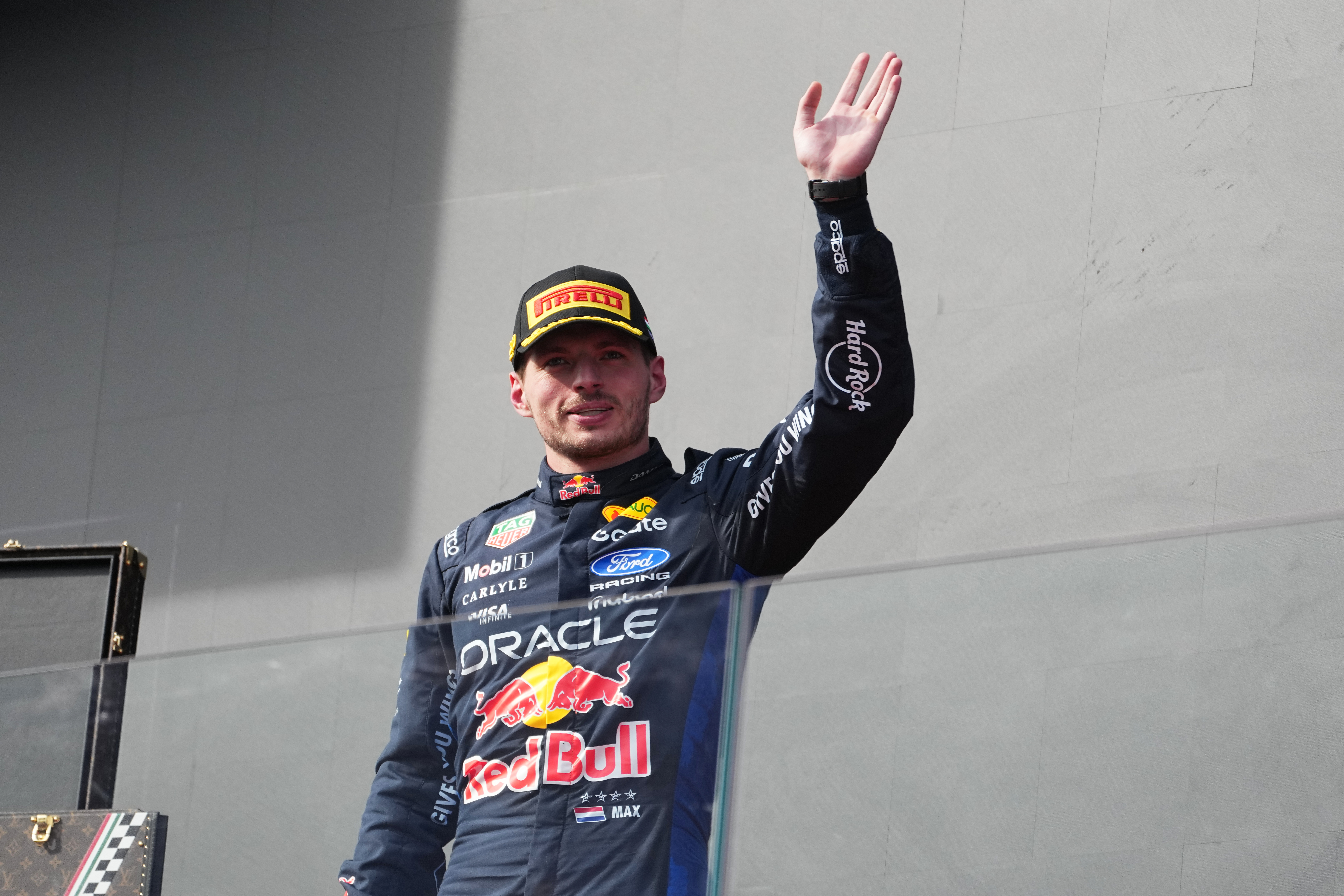 Second placed Red Bull driver Max Verstappen of the Netherlands waves after the Formula One Hungarian Grand Prix auto race, at the Hungaroring racetrack in Mogyorod, near Budapest, Hungary, Sunday, July 26, 2026. 