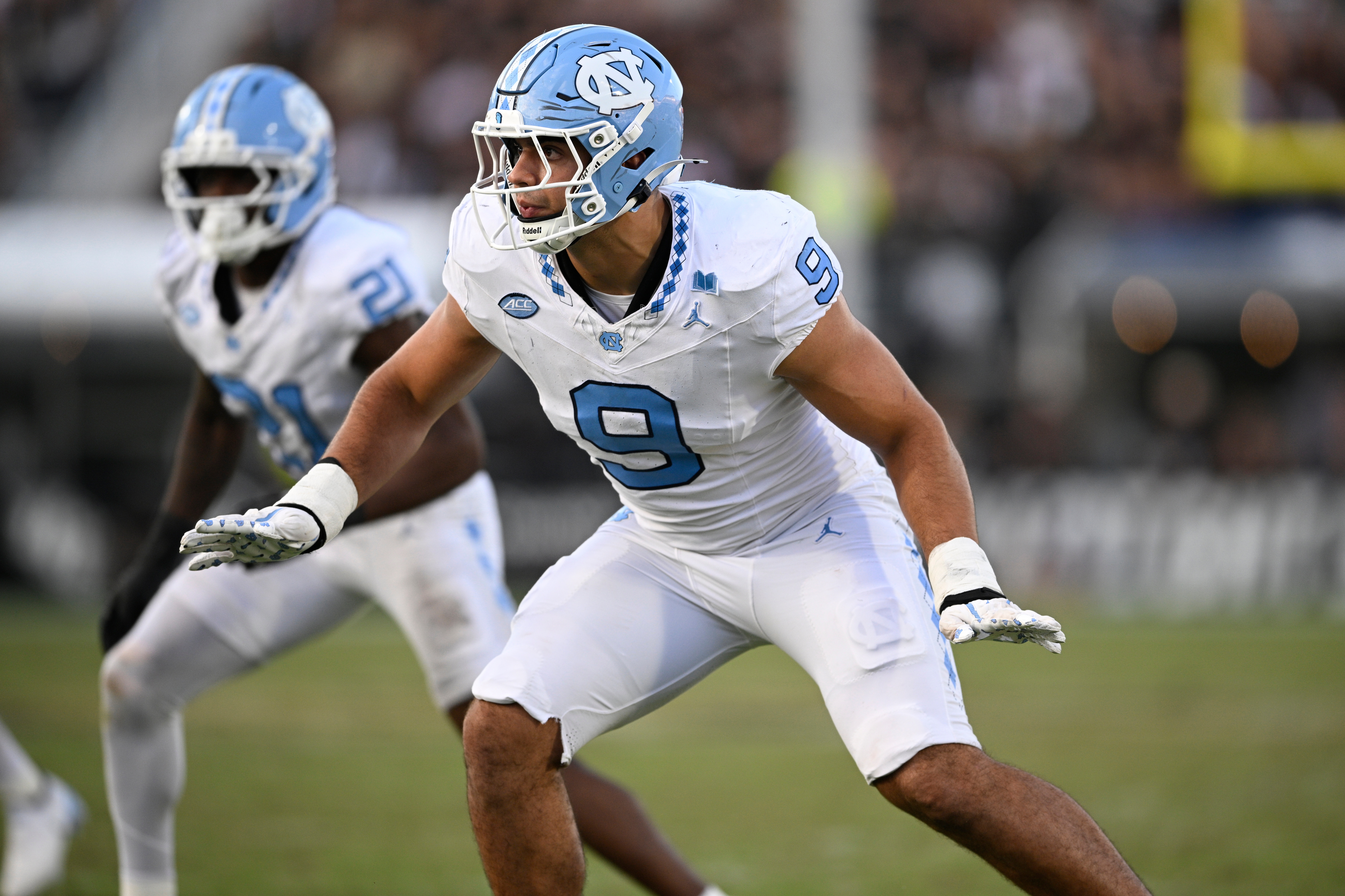 FILE - North Carolina defensive lineman Melkart Abou-Jaoude (9) follows a play against Central Florida during the second half of an NCAA football game, Sept. 20, 2025, in Orlando, Fla. 