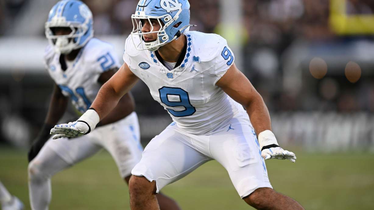 FILE - North Carolina defensive lineman Melkart Abou-Jaoude (9) follows a play against Central Florida during the second half of an NCAA football game, Sept. 20, 2025, in Orlando, Fla.