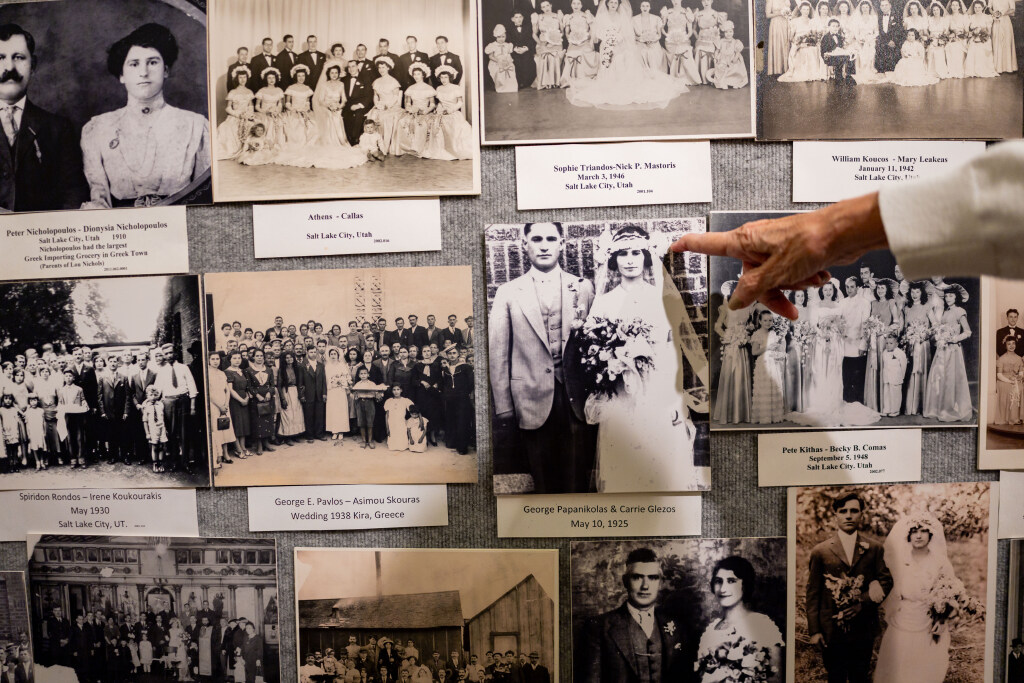 Old wedding photos from families involved in the Greek Orthodox Church of Greater Salt Lake inside the Hellenic Cultural Museum in Salt Lake City on Aug. 18.