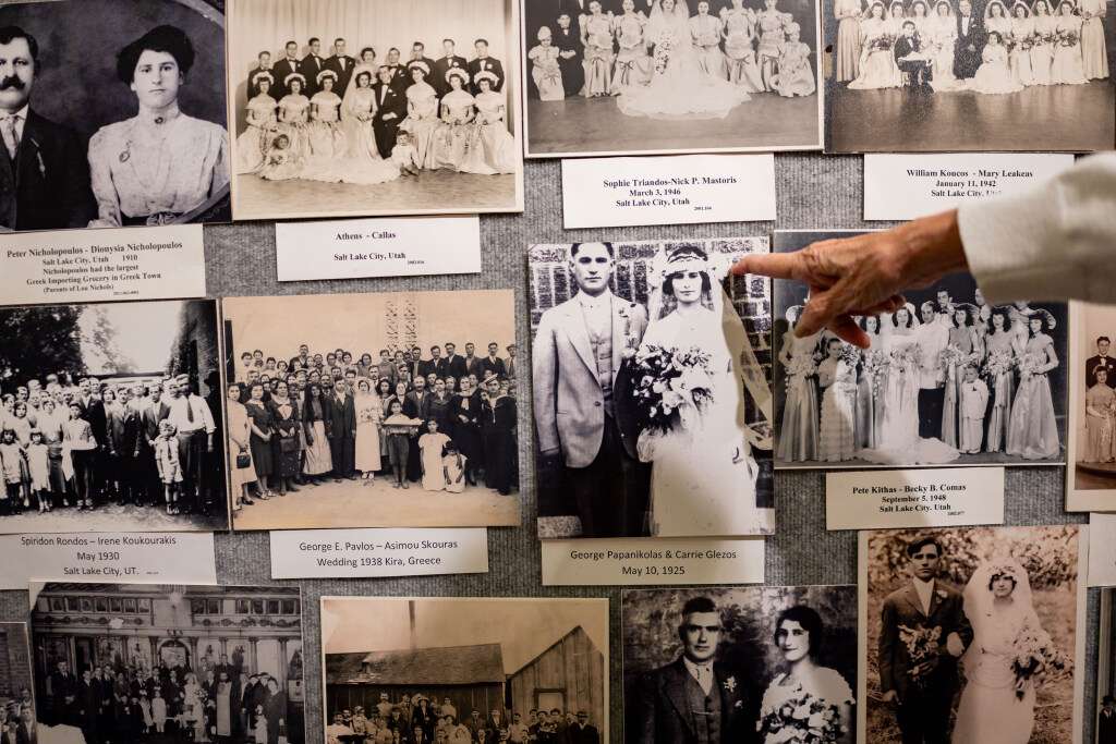 Old wedding photos from families involved in the Greek Orthodox Church of Greater Salt Lake inside the Hellenic Cultural Museum in Salt Lake City on Aug. 18.