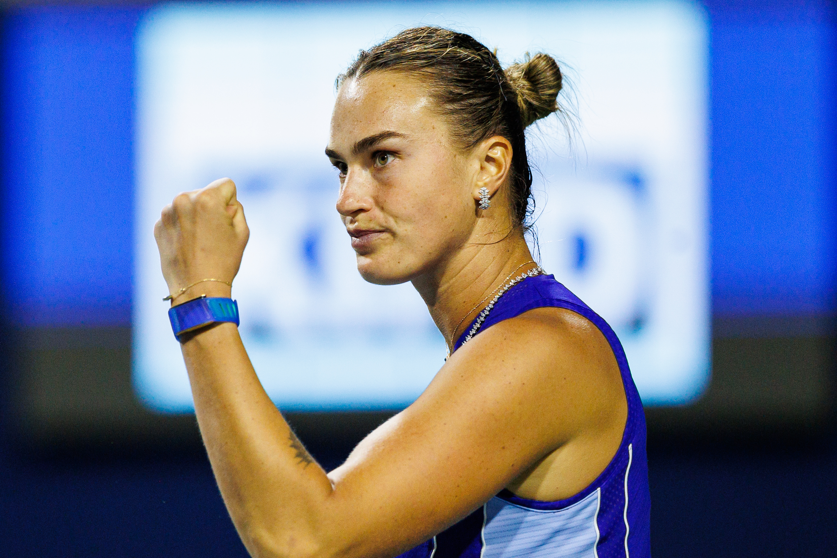 Aryna Sabalenka reacts during a match against Ekaterina Alexandrova at the round of 16 National Bank Open Tennis tournament in Toronto, on Saturday, Aug. 8, 2026. 