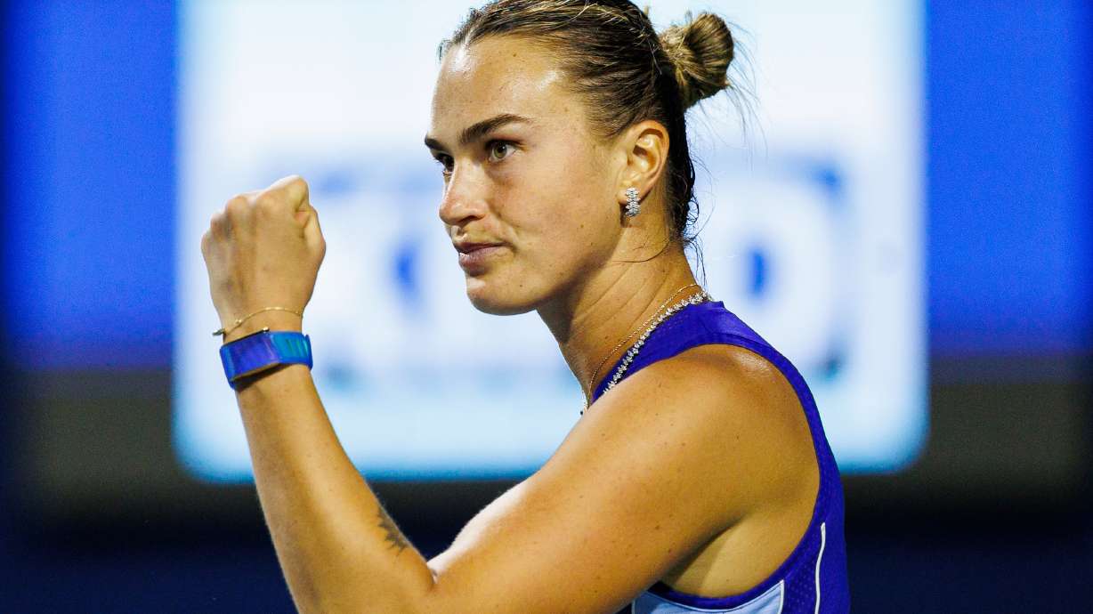 Aryna Sabalenka reacts during a match against Ekaterina Alexandrova at the round of 16 National Bank Open Tennis tournament in Toronto, on Saturday, Aug. 8, 2026.