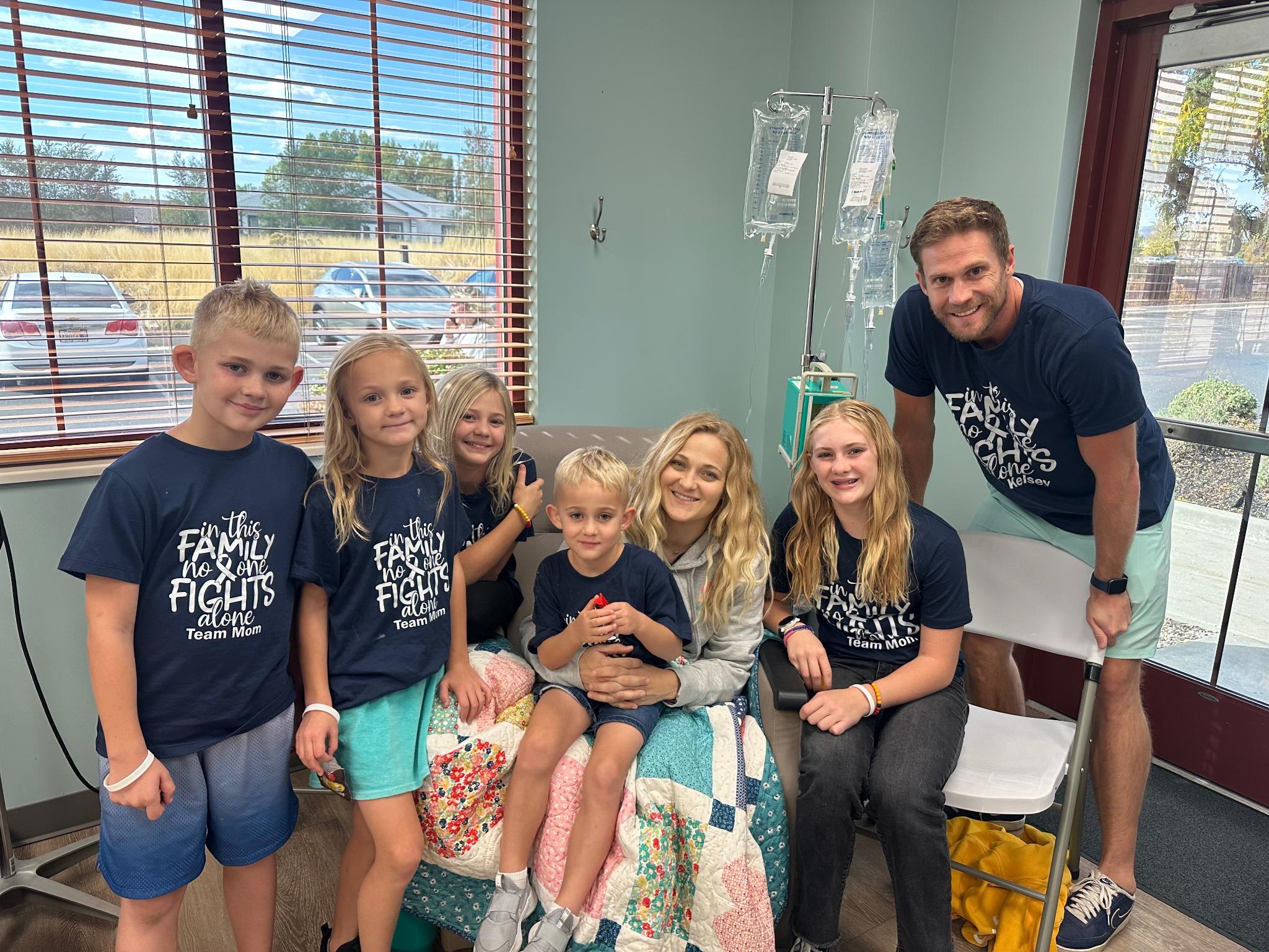 Cedar Hills mom Kelsey Flake with her husband and five children. She is receiving a double lung transplant to treat her Stage 4 cancer.
