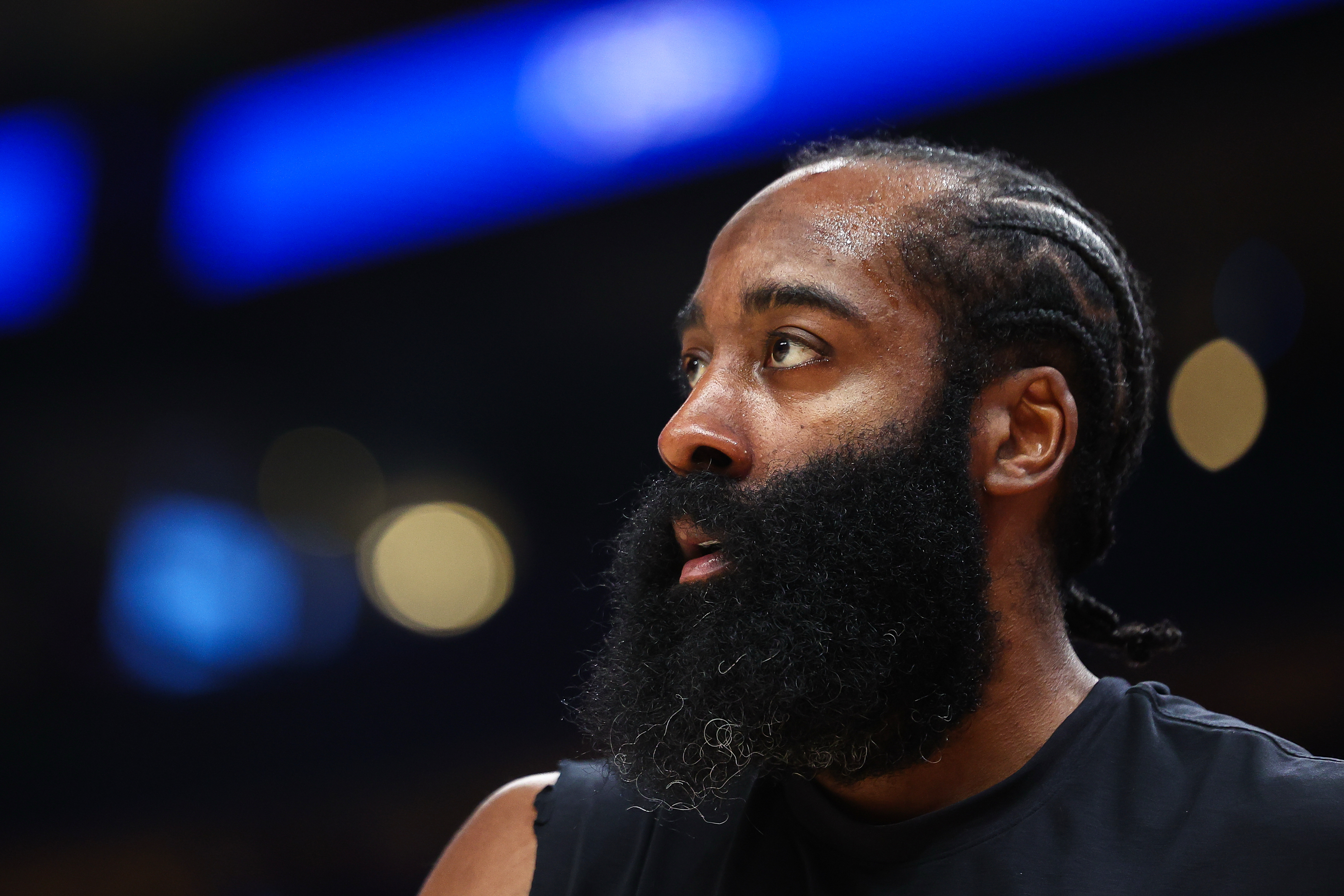 FILE - Cleveland Cavaliers guard James Harden warms up before an NBA basketball game against the Atlanta Hawks, April 10, 2026, in Atlanta. 
