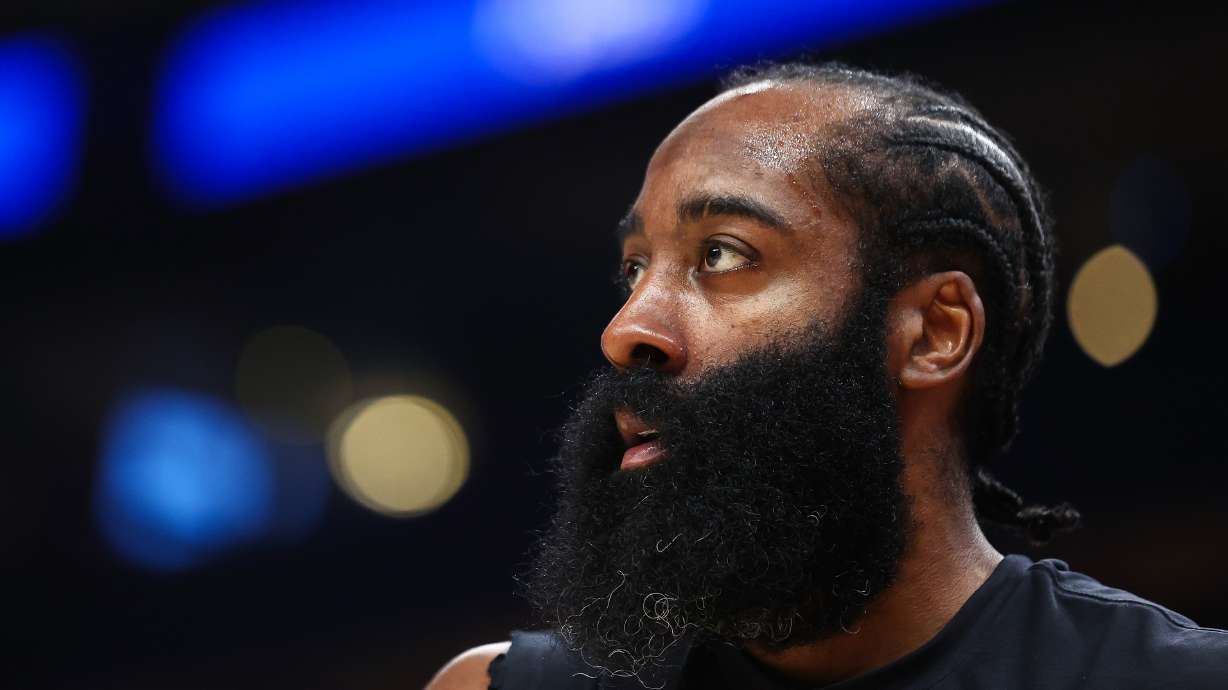 FILE - Cleveland Cavaliers guard James Harden warms up before an NBA basketball game against the Atlanta Hawks, April 10, 2026, in Atlanta.