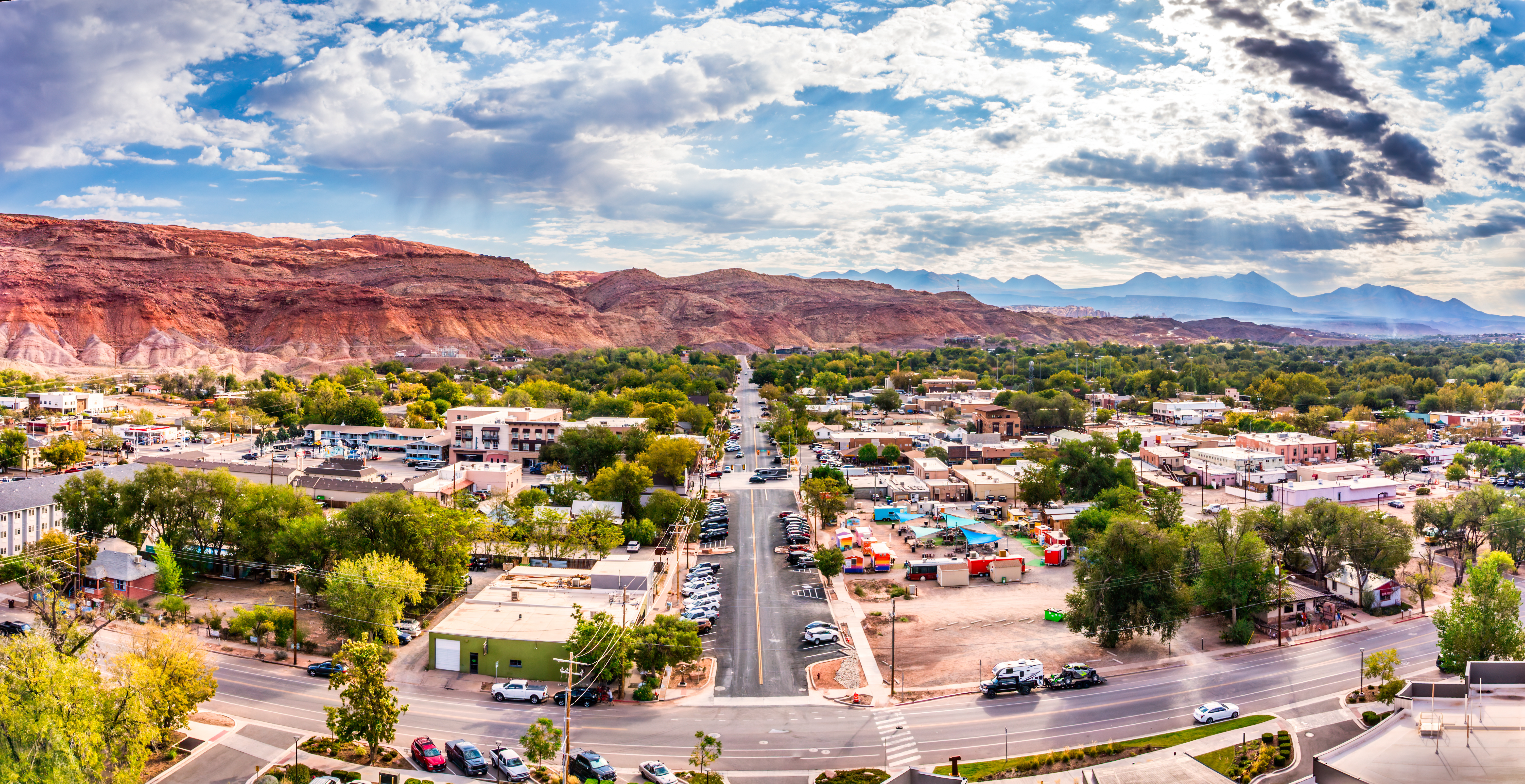 Aerial view of Moab, Utah along Main street.