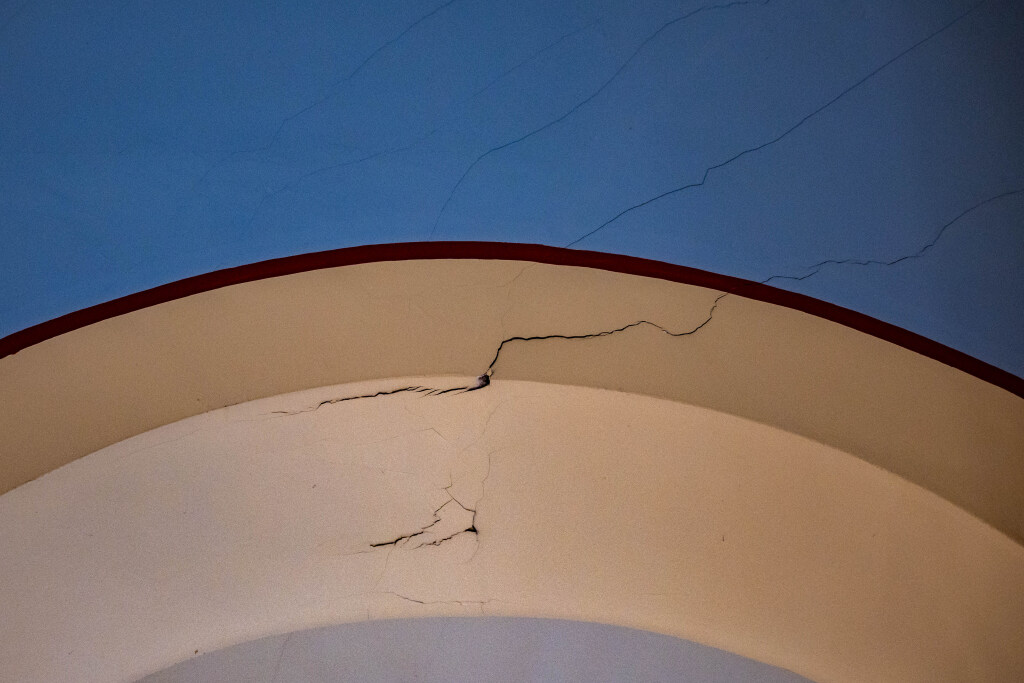 Damage from the 2020 earthquake at the Greek Orthodox Church of Greater Salt Lake in Salt Lake City on Aug. 18.