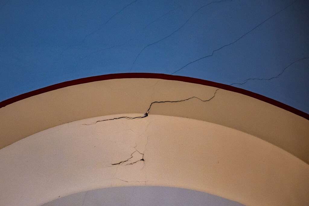 Damage from the 2020 earthquake at the Greek Orthodox Church of Greater Salt Lake in Salt Lake City on Aug. 18.