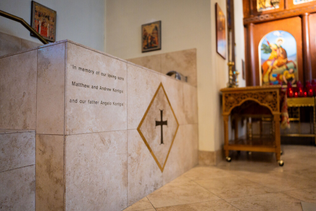 The baptismal font inside the Holy Trinity Cathedral of the Greek Orthodox Church in Salt Lake City on Aug. 18.