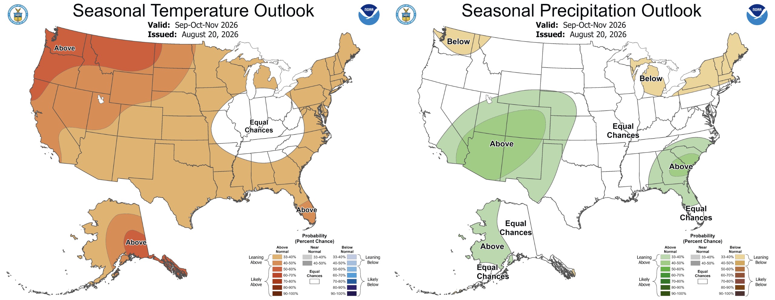 These maps show the three-month temperature and precipitation outlook for the meteorological fall months of September, October and November. Odds favor above-normal precipitation and temperatures for most of Utah.