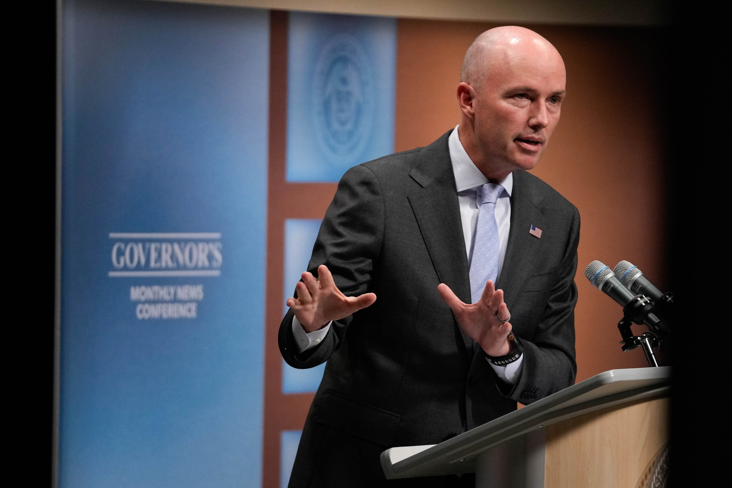Gov. Spencer Cox speaks to reporters during the PBS Utah Governor’s Monthly News Conference at the Eccles Broadcast Center in Salt Lake City on Thursday.