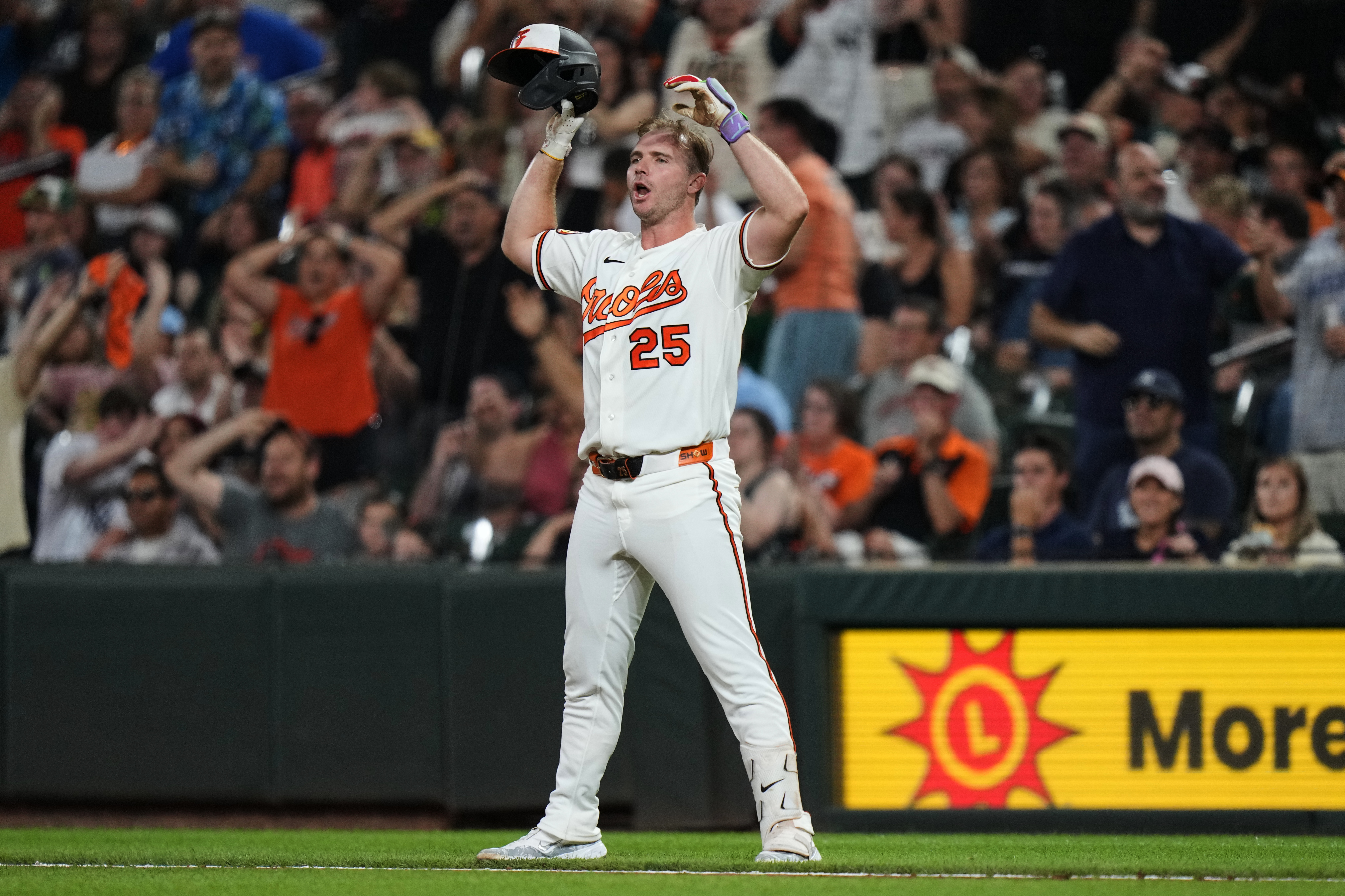 Baltimore Orioles' Pete Alonso (25) reacts after hitting a foul ball during the seventh inning of a baseball game against the New York Yankees, Wednesday, Aug. 19, 2026, in Baltimore. 