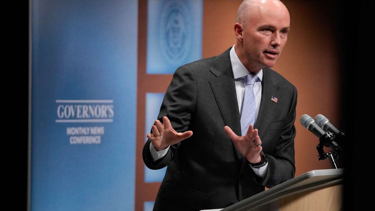 Gov. Spencer Cox speaks to reporters during the PBS Utah Governor’s Monthly News Conference at the Eccles Broadcast Center in Salt Lake City on Thursday.