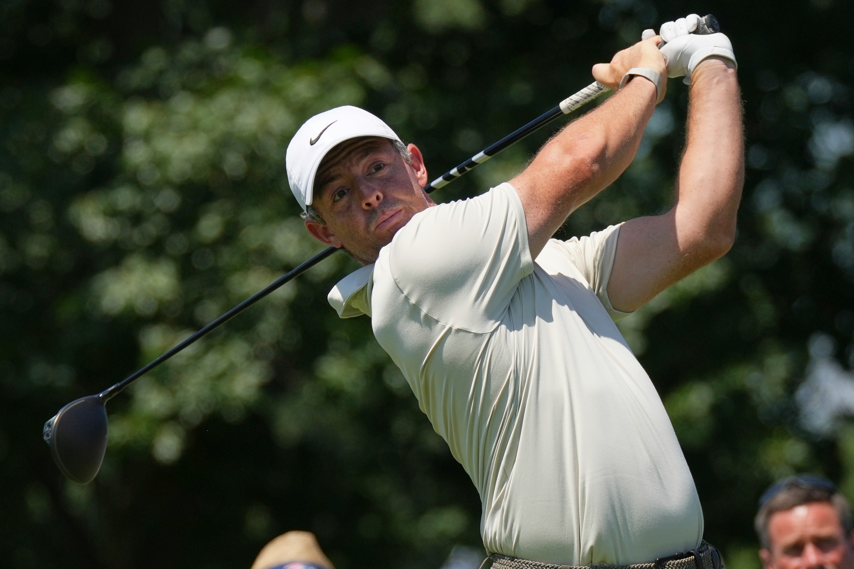 Rory McIlroy, of Northern Ireland, hits from the fifth tee during the first round of the BMW Championship golf tournament Thursday, Aug. 20, 2026, in St. Louis. 