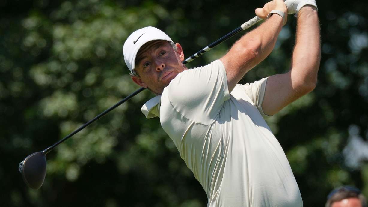 Rory McIlroy, of Northern Ireland, hits from the fifth tee during the first round of the BMW Championship golf tournament Thursday, Aug. 20, 2026, in St. Louis.