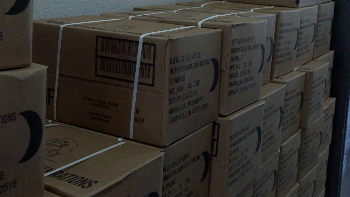 Boxes of MREs donated by three local businesses to the Logan City Fire Department on Thursday.
