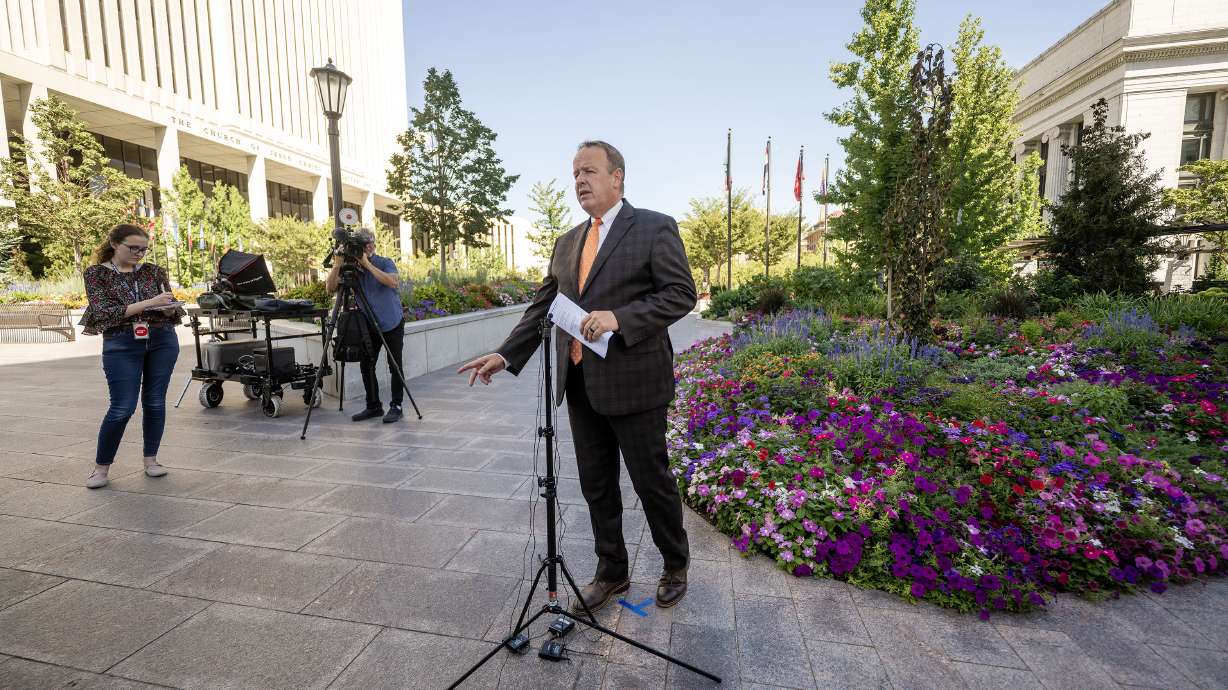 Doug Andersen, spokesman for The Church of Jesus Christ of Latter-day Saints, delivers a statement about an ongoing lawsuit in Salt Lake City on Thursday.