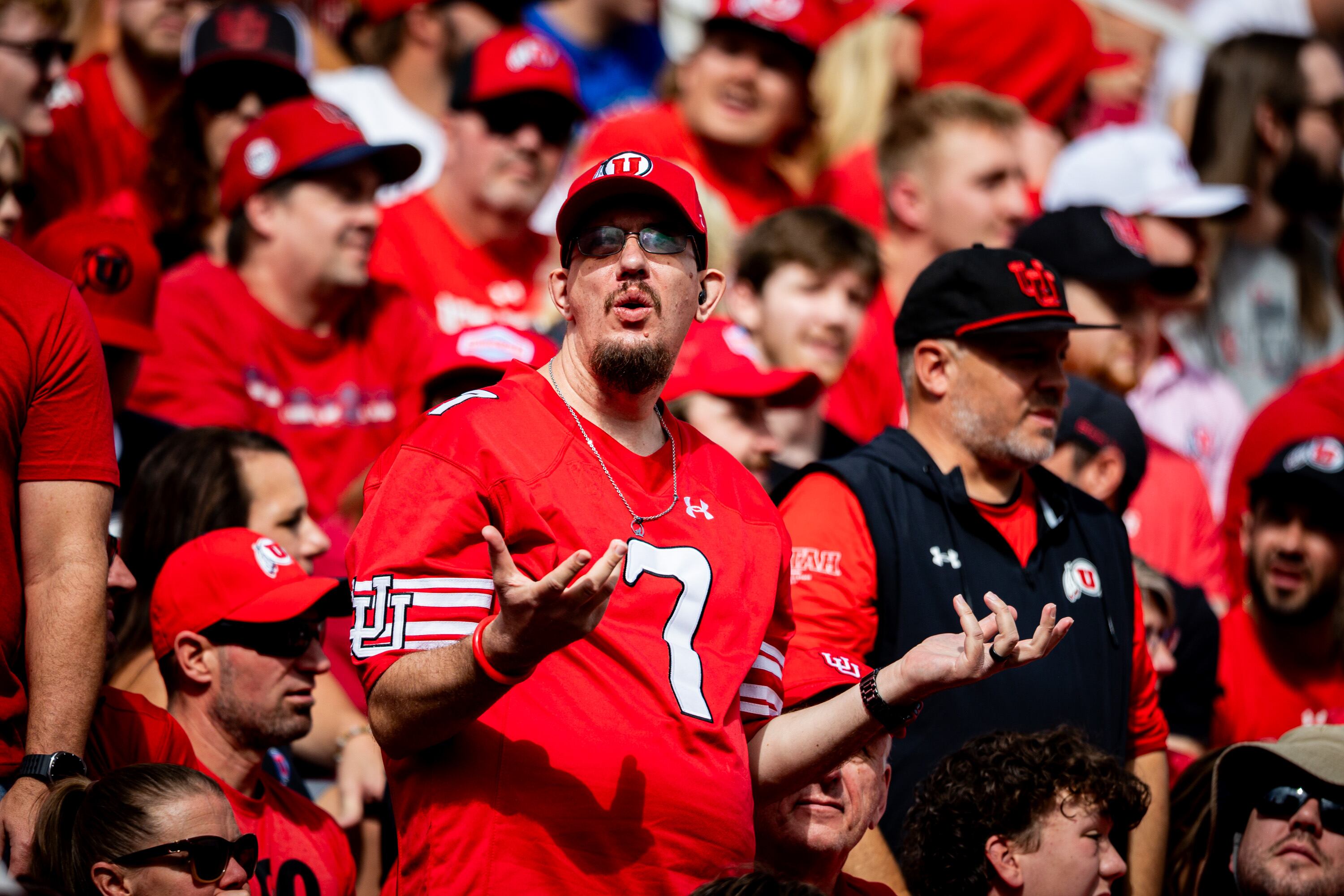 A fan reacts during an NCAA football game between the University of Utah Utes and the Texas Tech University Red Raiders  held at Rice-Eccles Stadium in Salt Lake City on Saturday, Sept. 20, 2025.