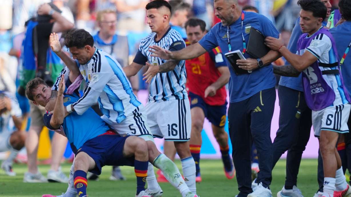FILE - Argentina's Leandro Paredes (5) knocks down Spain's Gavi (9) during scuffle after the World Cup final soccer match between Spain and Argentina in East Rutherford, N.J., near New York, Sunday, July 19, 2026.