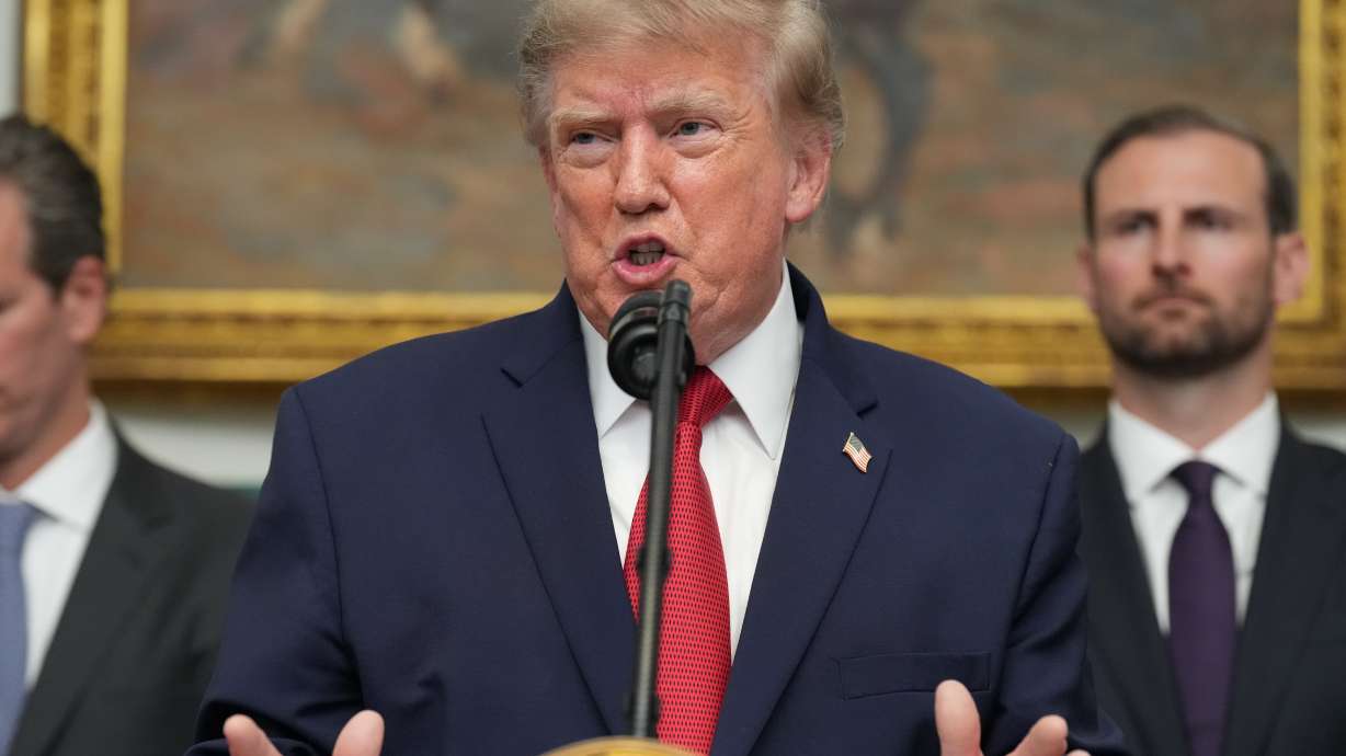 President Donald Trump speaks during a meeting with technology leaders in the Roosevelt Room of the White House, Wednesday, Aug. 19, 2026, in Washington.