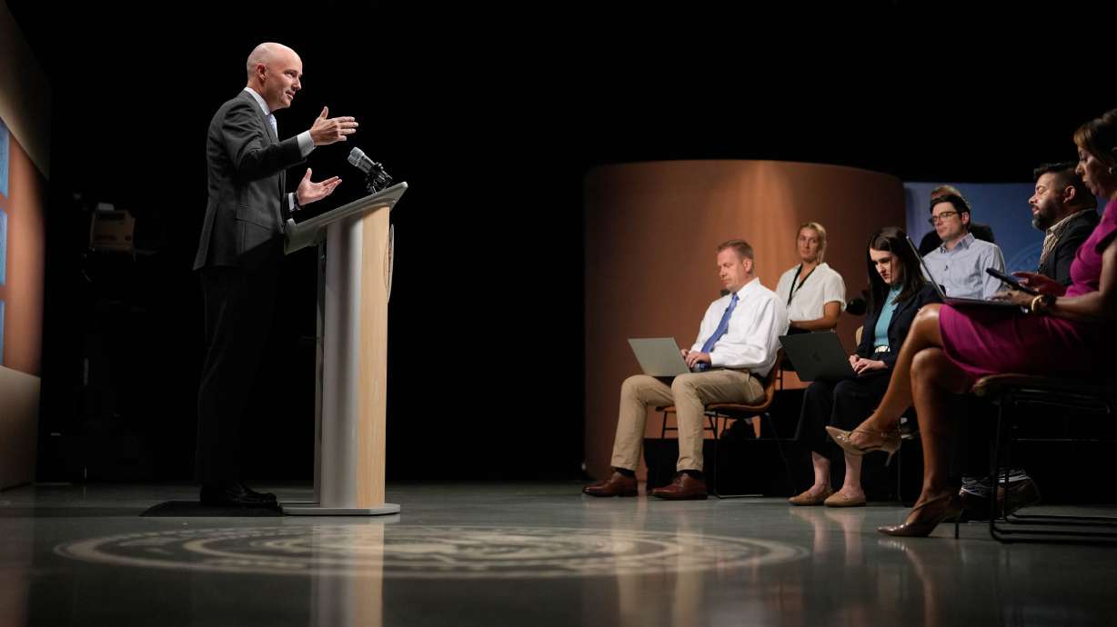 Gov. Spencer Cox speaks to reporters during the PBS Utah Governor’s Monthly News Conference at the Eccles Broadcast Center in Salt Lake City on Thursday.