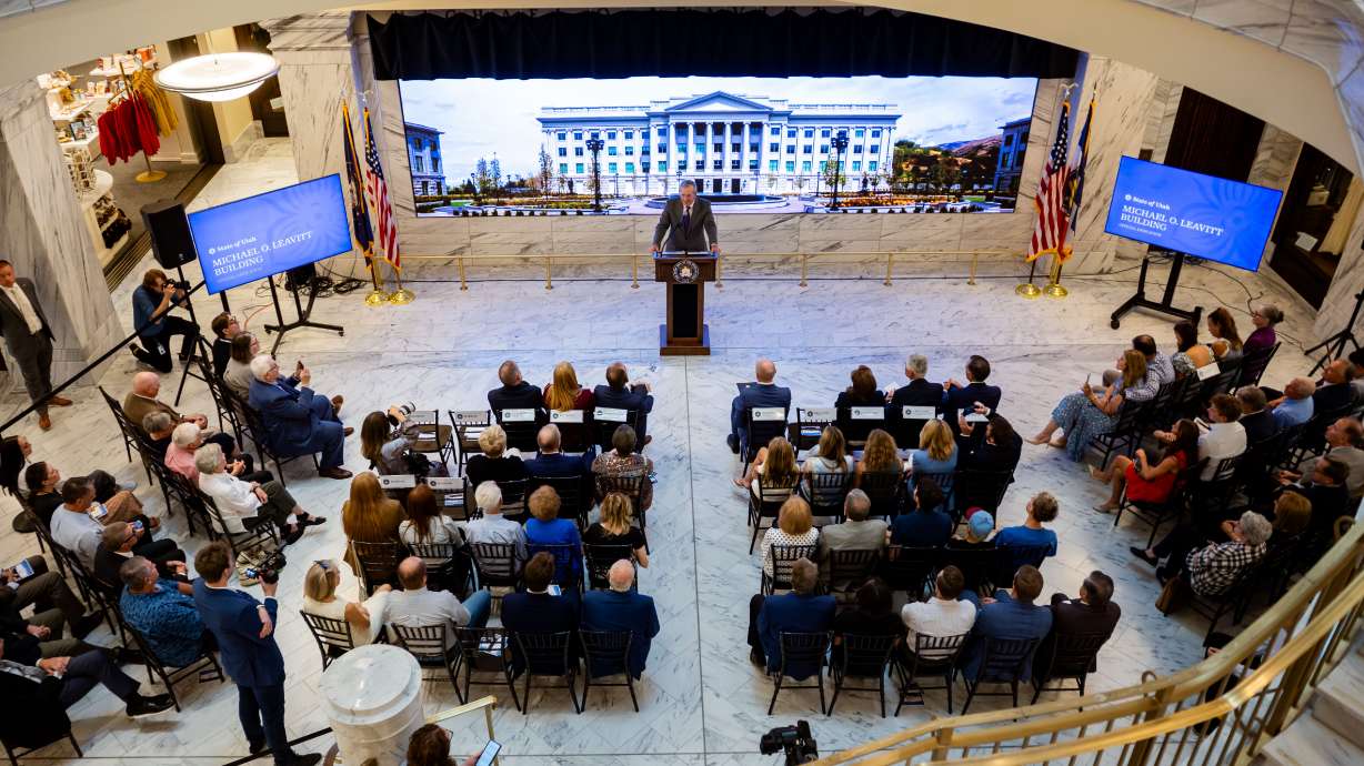 Former Utah Gov. Michael O. Leavitt speaks at a dedication of the North Capitol Building as the Michael O. Leavitt Building at the Utah Capitol in Salt Lake City on Friday.