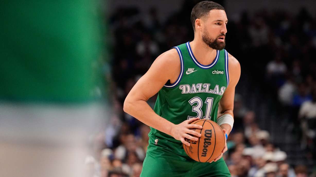 FILE - Dallas Mavericks guard Klay Thompson handles the ball during an NBA basketball game against the Atlanta Hawks in Dallas, March 18, 2026.
