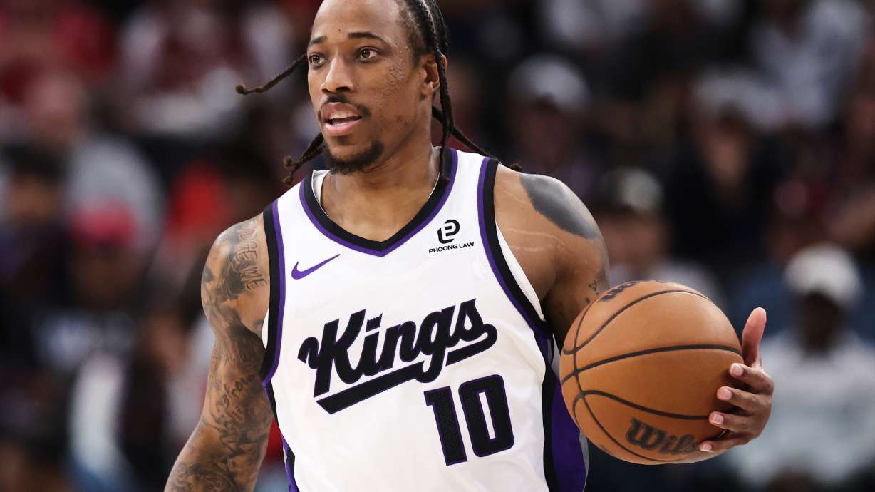 FILE - Sacramento Kings guard DeMar DeRozan dribbles downcourt during the first half of an NBA basketball game against the Los Angeles Clippers, March 14, 2026, in Inglewood, Calif.