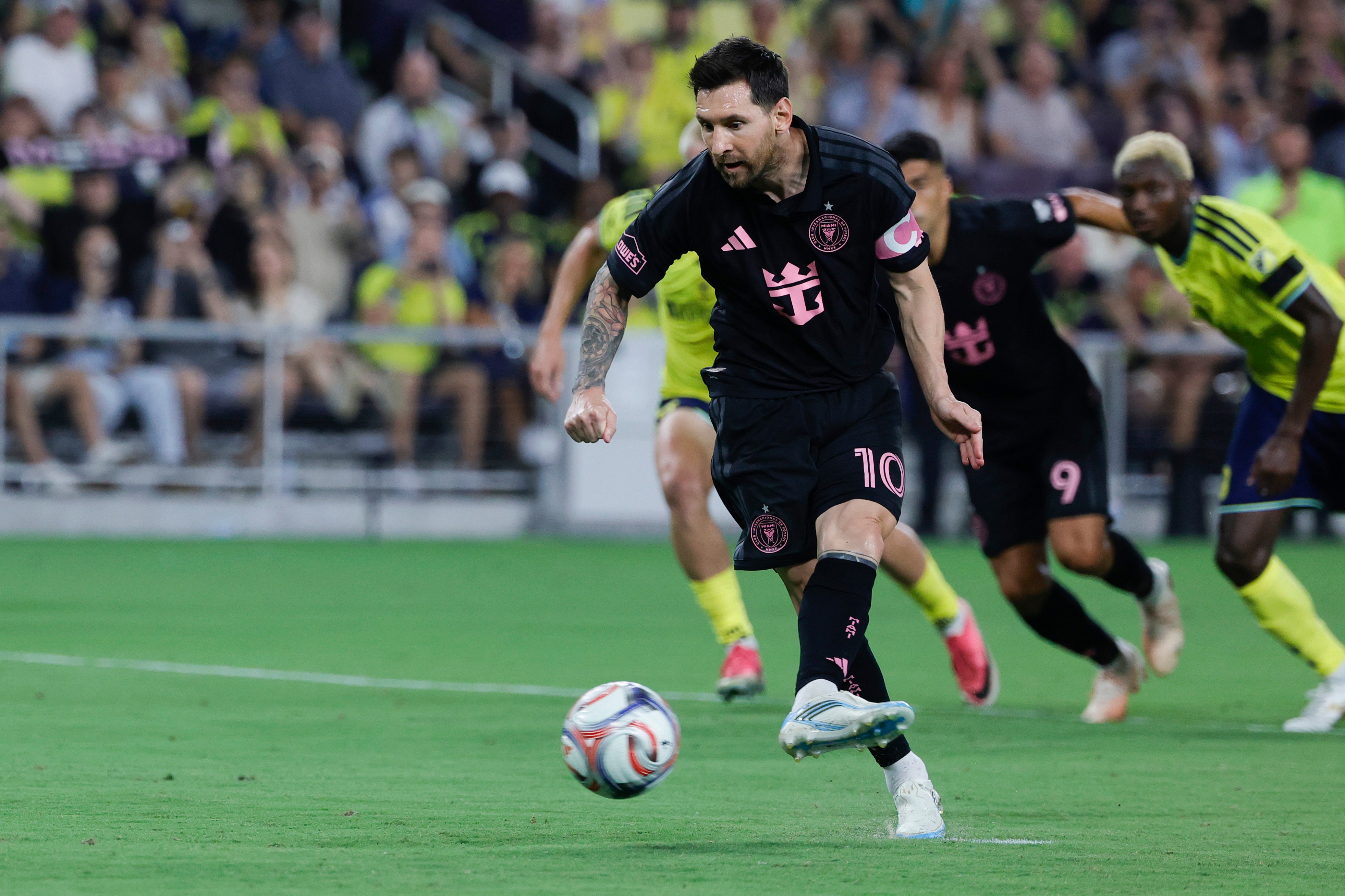 Inter Miami CF offense Lionel Messi (10) kicks a penalty during the first half of an MLS soccer match against the Nashville SC, Saturday, Aug. 15, 2026, in Nashville, Tenn. 