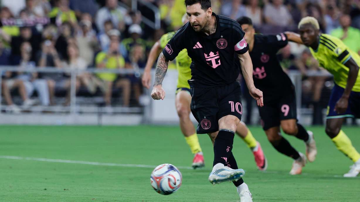 Inter Miami CF offense Lionel Messi (10) kicks a penalty during the first half of an MLS soccer match against the Nashville SC, Saturday, Aug. 15, 2026, in Nashville, Tenn.