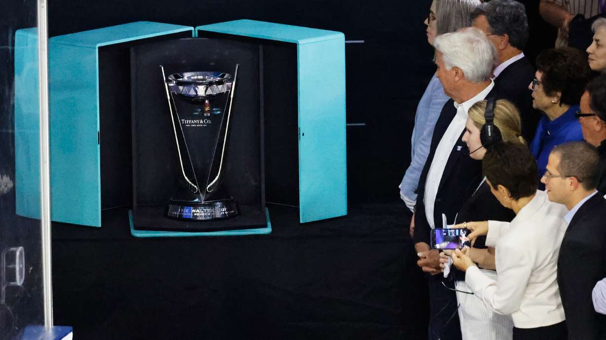 FILE - The Walter Cup is displayed before being presented to Minnesota after after they defeated Boston in Game 5 of the finals to win the PWHL, May 29, 2024, in Lowell, Mass.