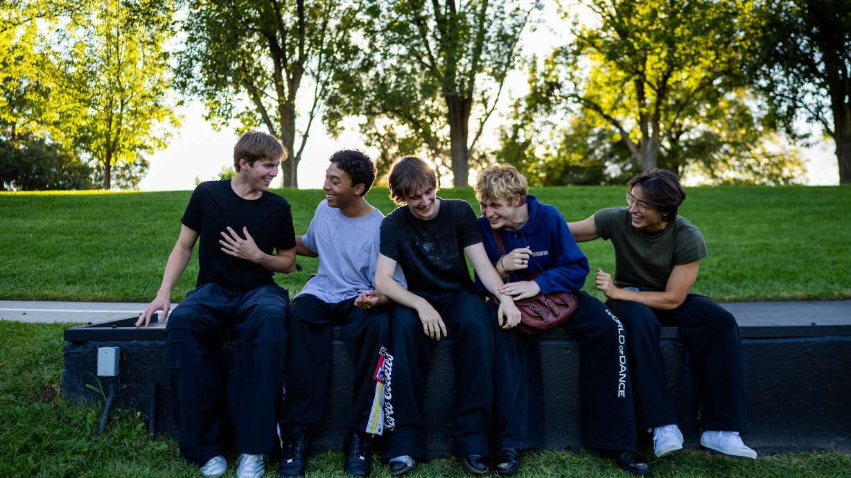 From left, Sean Garrity, from California, James Herron, from California, Oliver Hincy, from Utah, Dossan Bell, from Utah, and Jagger Moon, from Utah, members of the Full Circle Boys, pose before rehearsing for the 21st annual "Dancing Under the Stars" at the SCERA Shell Outdoor Theatre in Orem on Thursday.