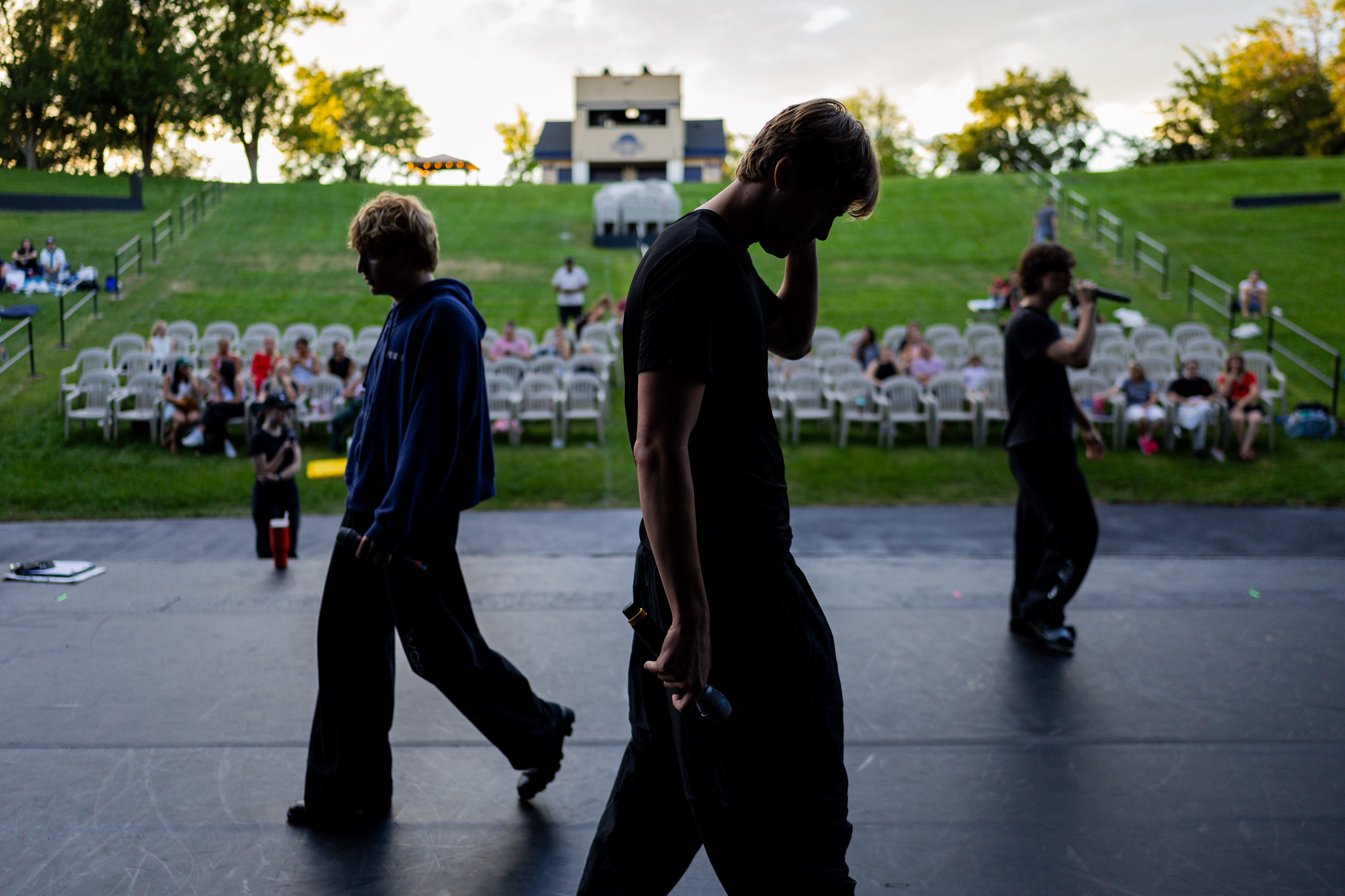Sean Garrity, from California, center, and other members of the Full Circle Boys rehearse for the 21st annual "Dancing Under the Stars" at the SCERA Shell Outdoor Theatre  in Orem on Thursday.