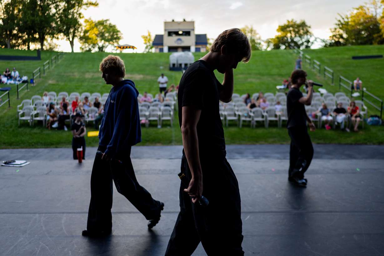 Sean Garrity, from California, center, and other members of the Full Circle Boys rehearse for the 21st annual "Dancing Under the Stars" at the SCERA Shell Outdoor Theatre in Orem on Thursday.