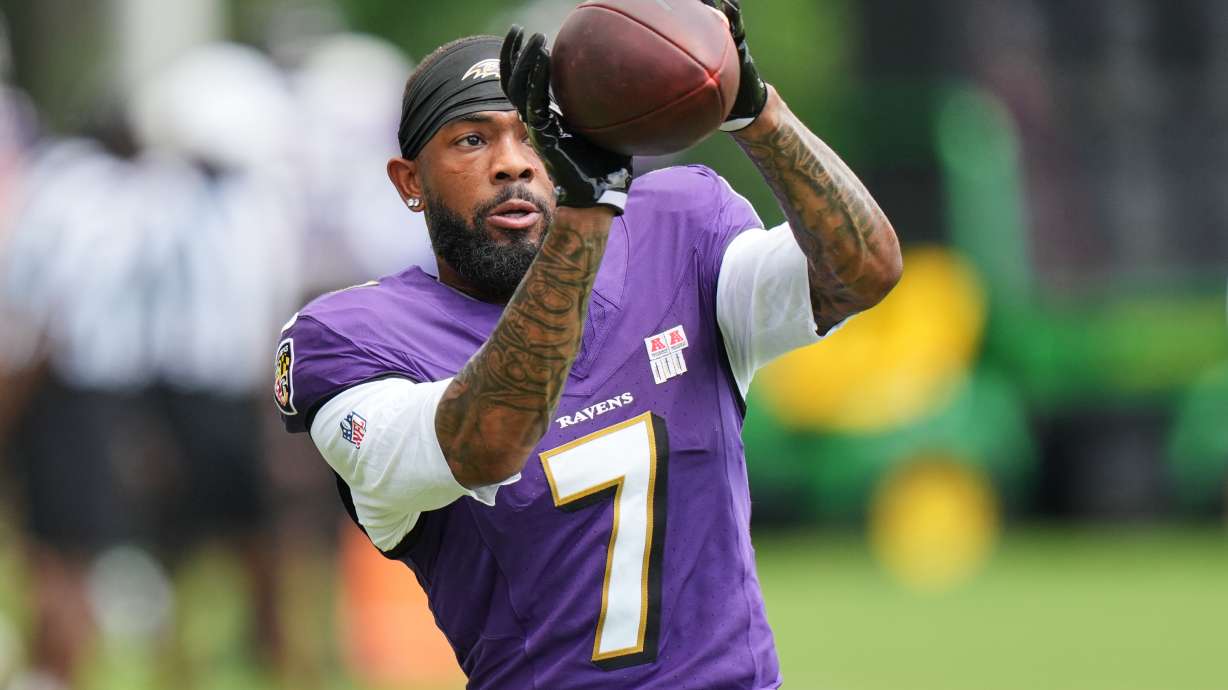 FILE - Baltimore Ravens wide receiver Rashod Bateman (7) works out during the team's NFL football training camp, Monday, Aug. 17, 2026, at the Under Armour Performance Center in Owings Mills, Md.