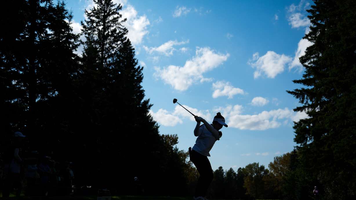 Miyu Yamashita, of Japan, hits her tee shot on the 12th hole during the second round at the LPGA Canadian Women's Open golf tournament in Edmonton, Alberta, Friday, Aug. 21, 2026.