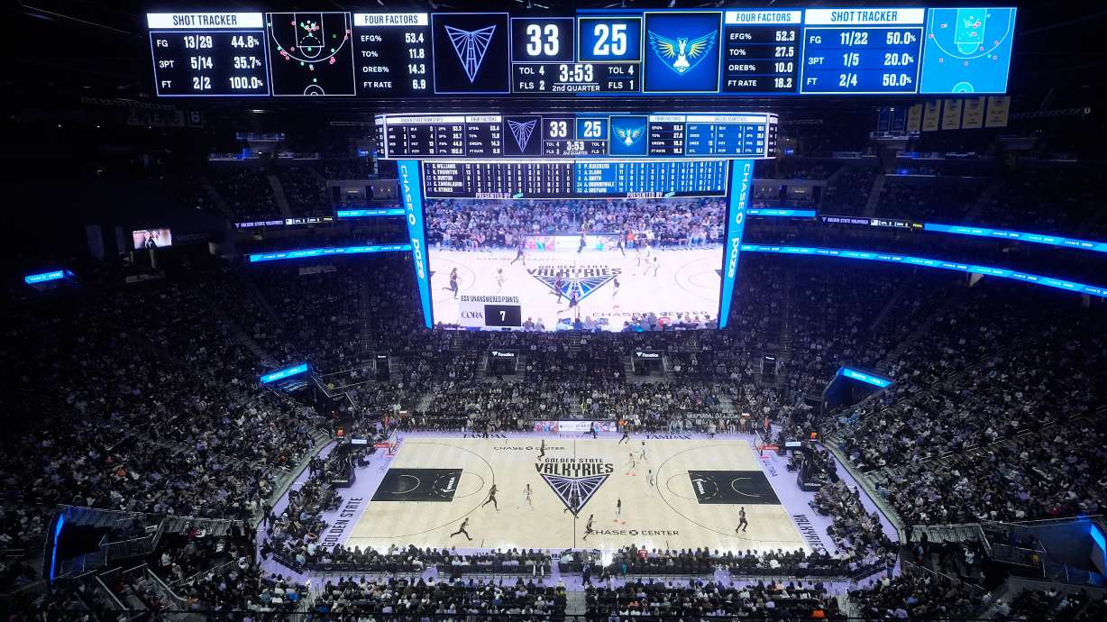 Fans watch from a general view at Chase Center during the first half of a WNBA basketball game between the Golden State Valkyries and the Dallas Wings in San Francisco, Monday, Aug. 17, 2026.