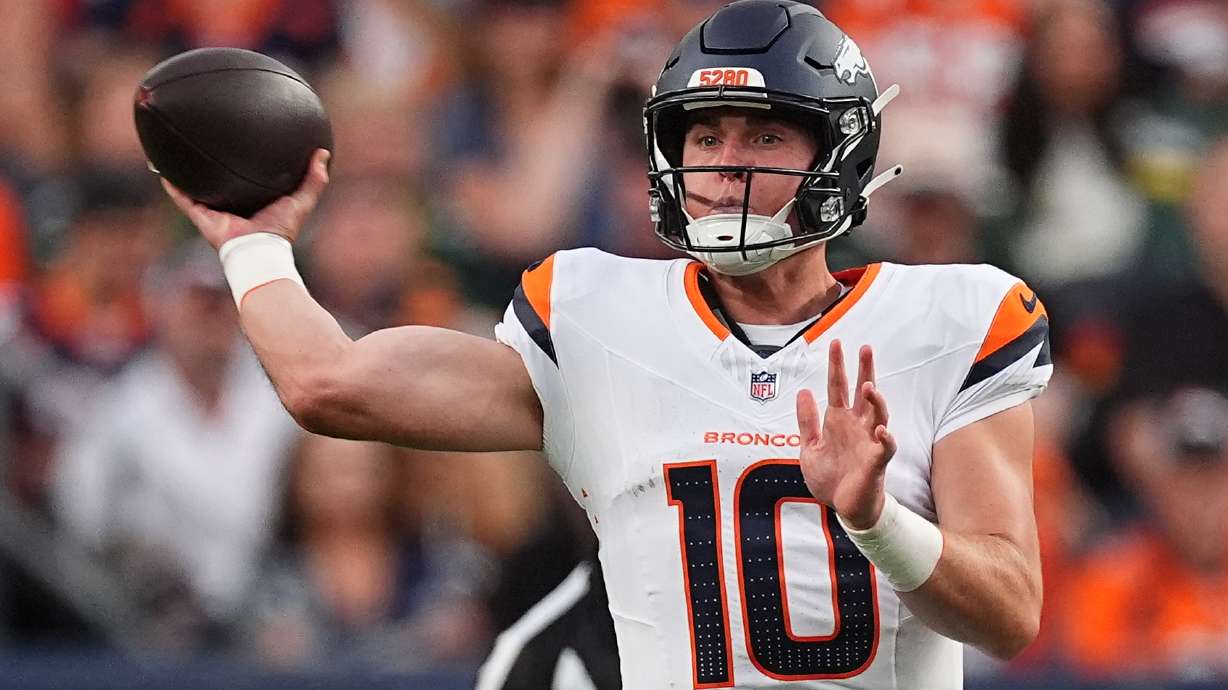 Denver Broncos quarterback Bo Nix (10) throws against the Green Bay Packers during the first half of an NFL preseason football game Friday, Aug. 21, 2026, in Denver.