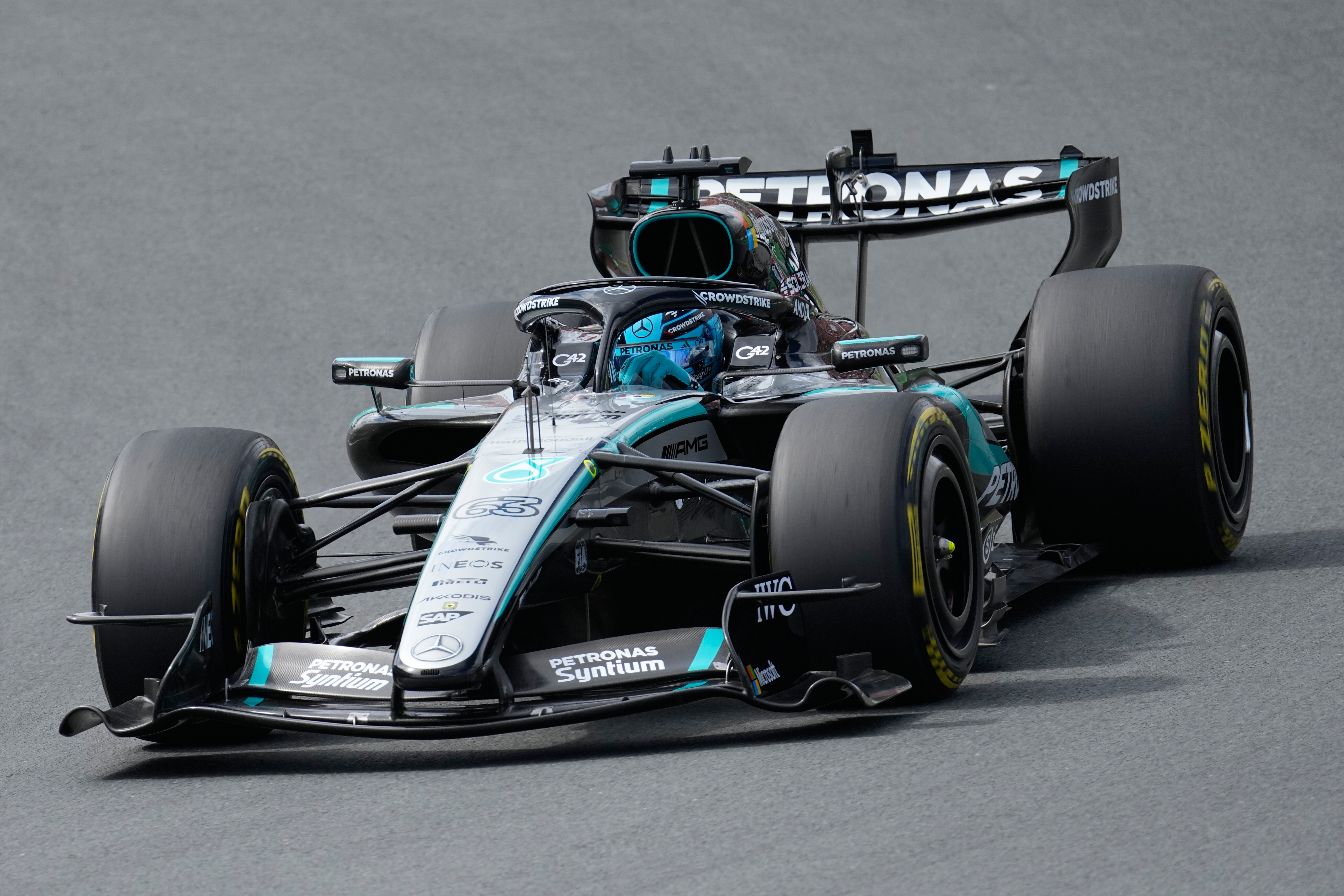 Mercedes driver George Russell of Britain in action during sprint race at the Formula One Dutch Grand Prix in Zandvoort , Netherlands, Saturday, Aug. 22, 2026. 
