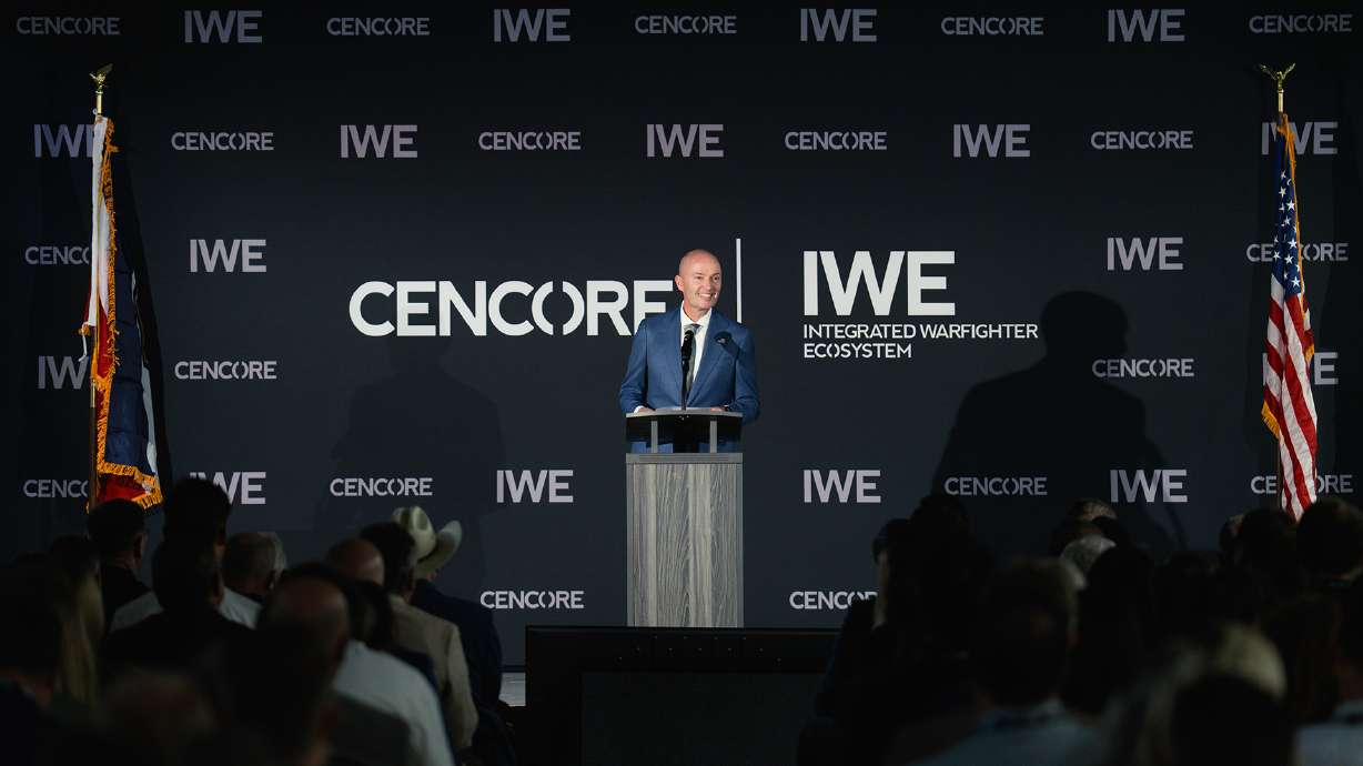 Gov. Spencer Cox speaks Friday at an event announcing the launch of the Integrated Warfighter Ecosystem at CenCore headquarters in Payson.