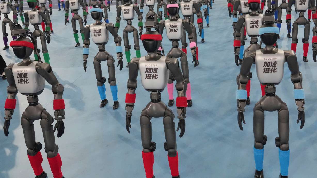Robots are prepared ahead the opening ceremony of the World Humanoid Robot Games in Beijing, Saturday, Aug. 22, 2026.