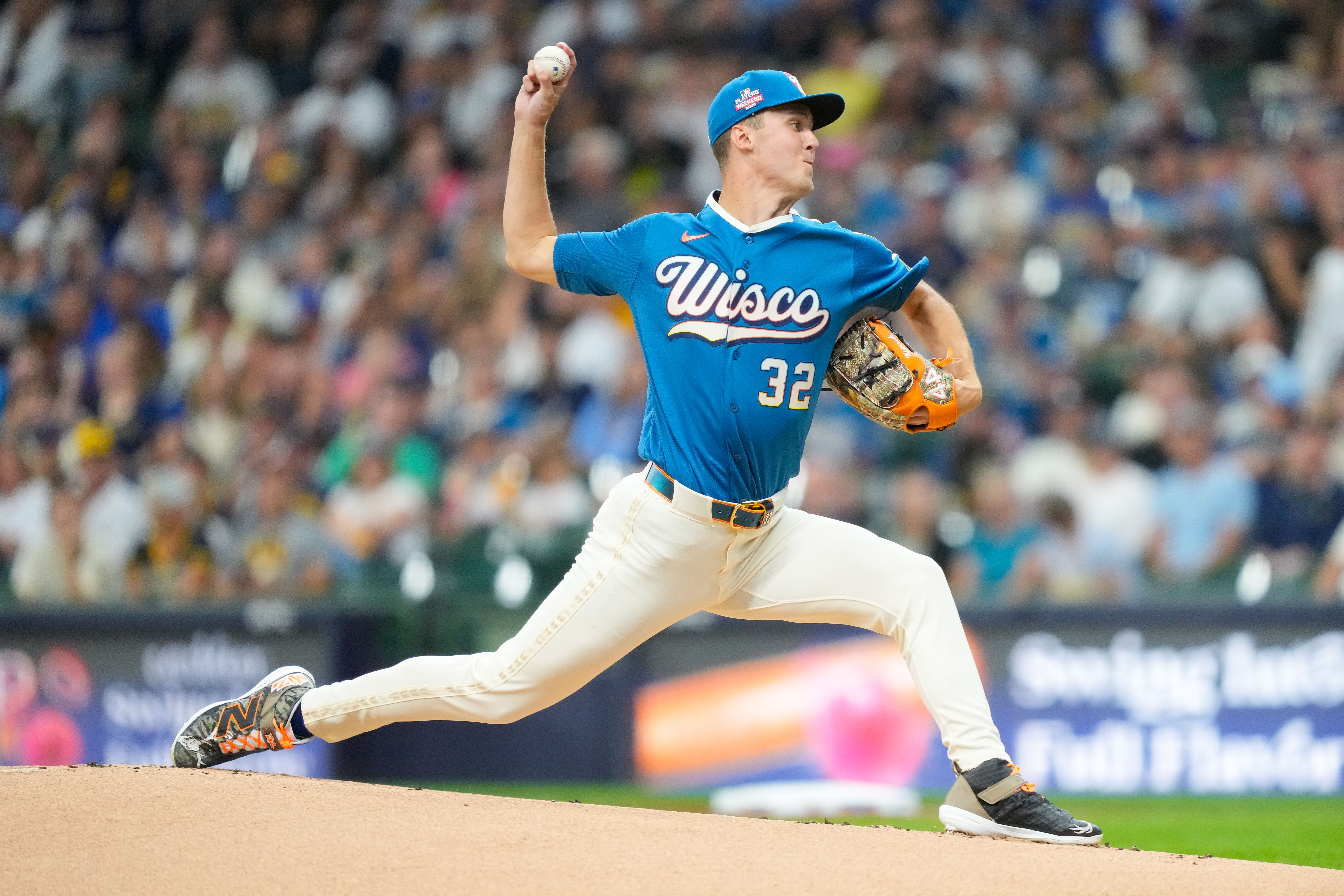 Milwaukee Brewers pitcher Jacob Misiorowski throws during the first inning of a baseball game against the Atlanta Braves, Friday, Aug. 21, 2026, in Milwaukee. 