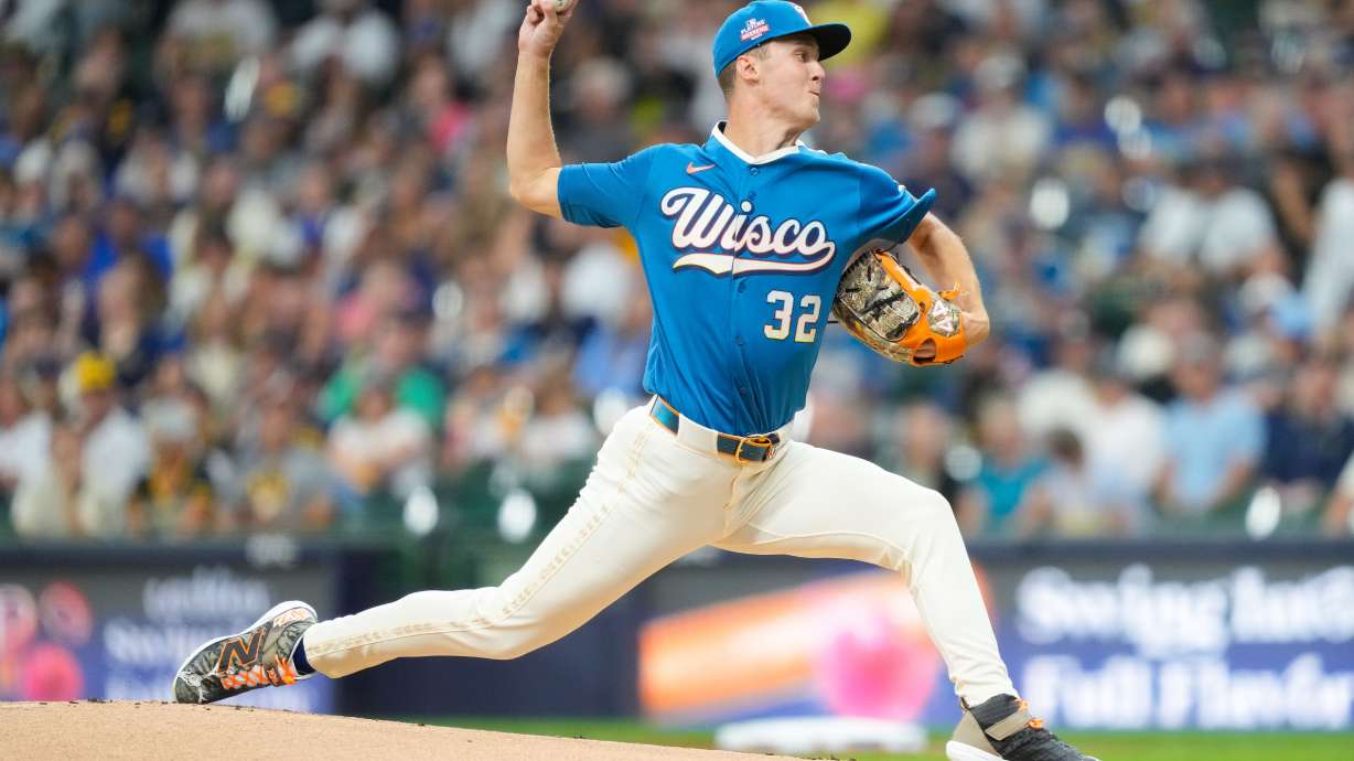 Milwaukee Brewers pitcher Jacob Misiorowski throws during the first inning of a baseball game against the Atlanta Braves, Friday, Aug. 21, 2026, in Milwaukee.
