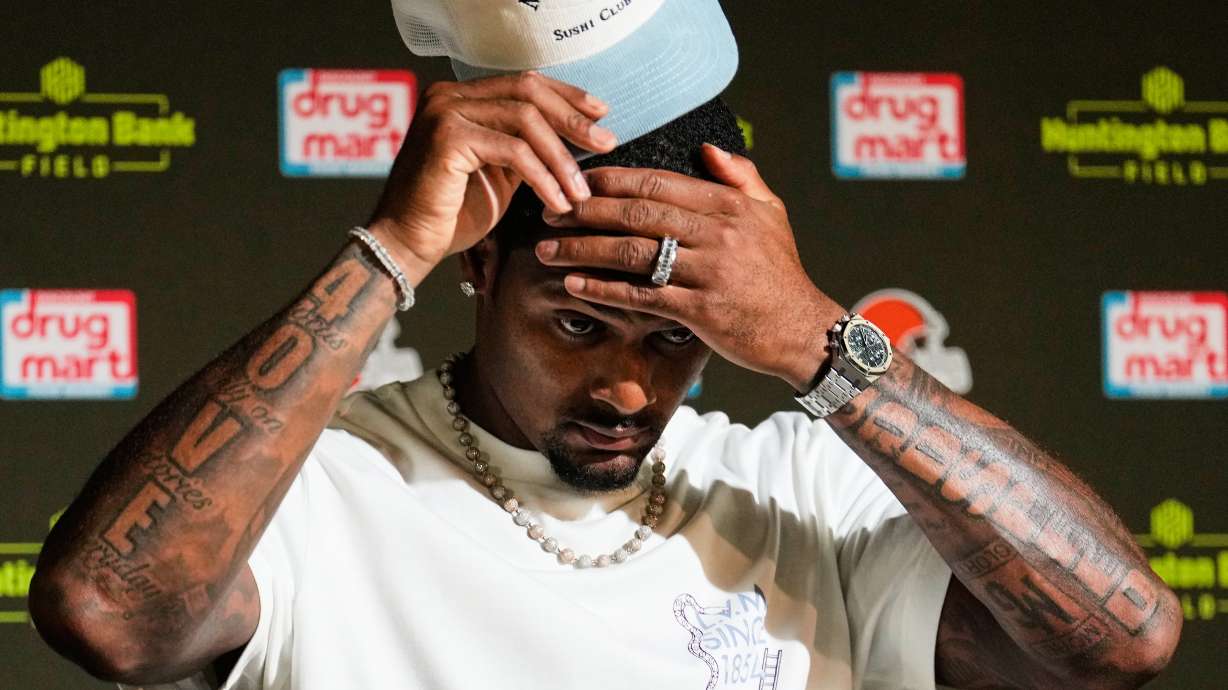 Cleveland Browns quarterback Deshaun Watson speaks at a press conference after an NFL preseason football game against the Buffalo Bills, Saturday, Aug. 22, 2026, in Cleveland.