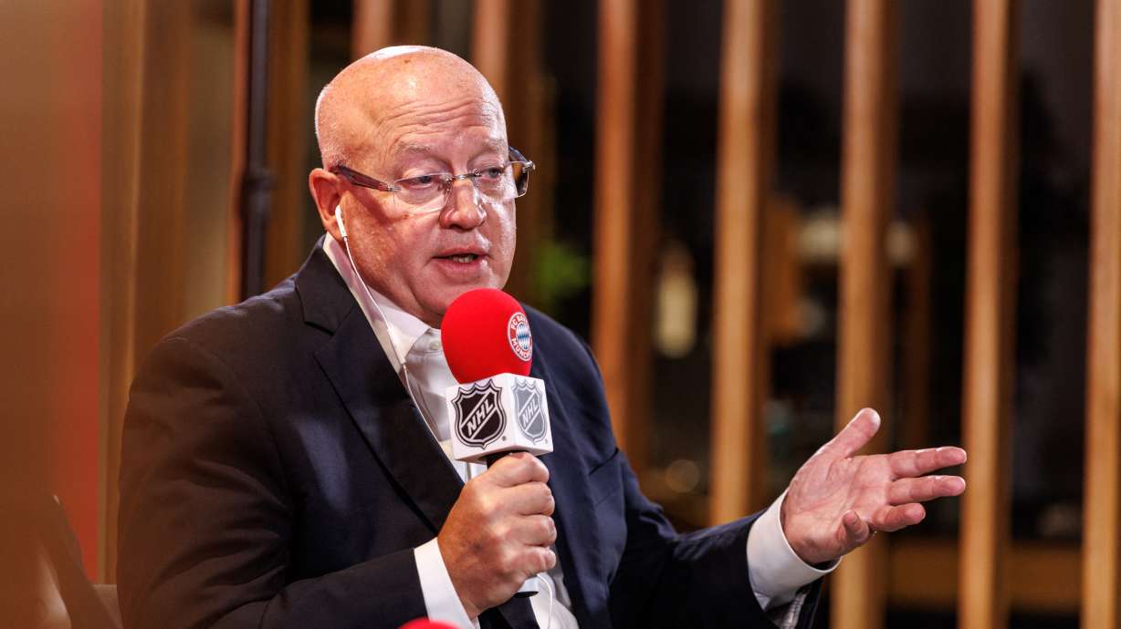Bill Daly, deputy commissioner of the NHL, speaks during a joint press conference by FC Bayern Munich and the National Hockey League, Thursday, Aug. 20, 2026, in Munich.