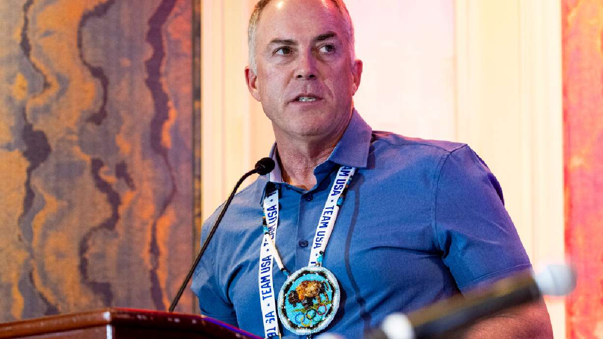 Colin Hilton, CEO and president of the Utah Olympic Legacy Foundation, speaks during a quarterly meeting of the steering committee for the Organizing Committee for the 2034 Olympic and Paralympic Winter Games held at The Little America Hotel in Salt Lake City on Sept. 24, 2025.