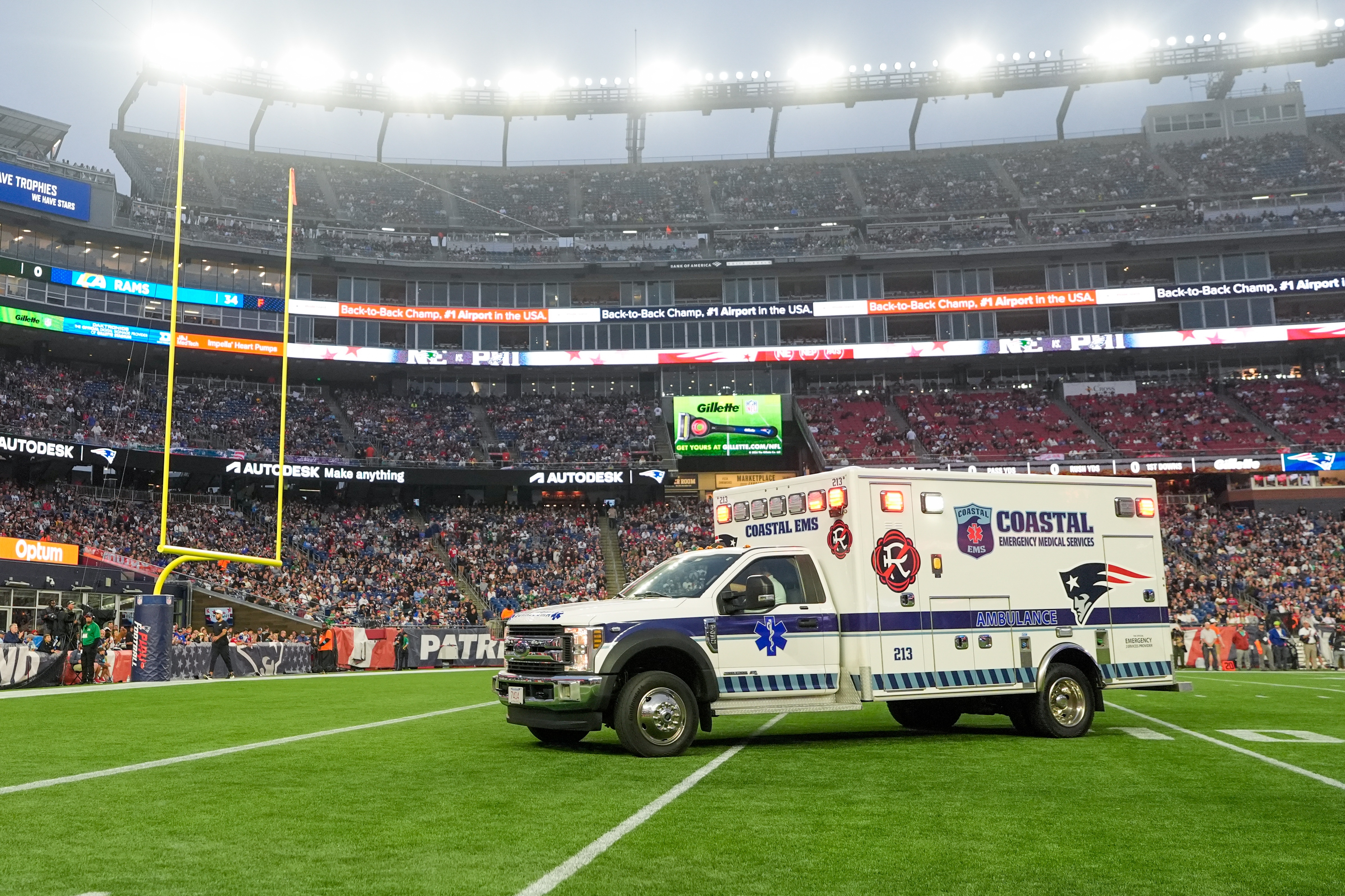 Philadelphia Eagles' Ja'Quinden Jackson is taken away in an ambulance after an injury against the New England Patriots during the first half of an NFL preseason football game, Saturday, Aug. 22, 2026, in Foxborough, Mass. 